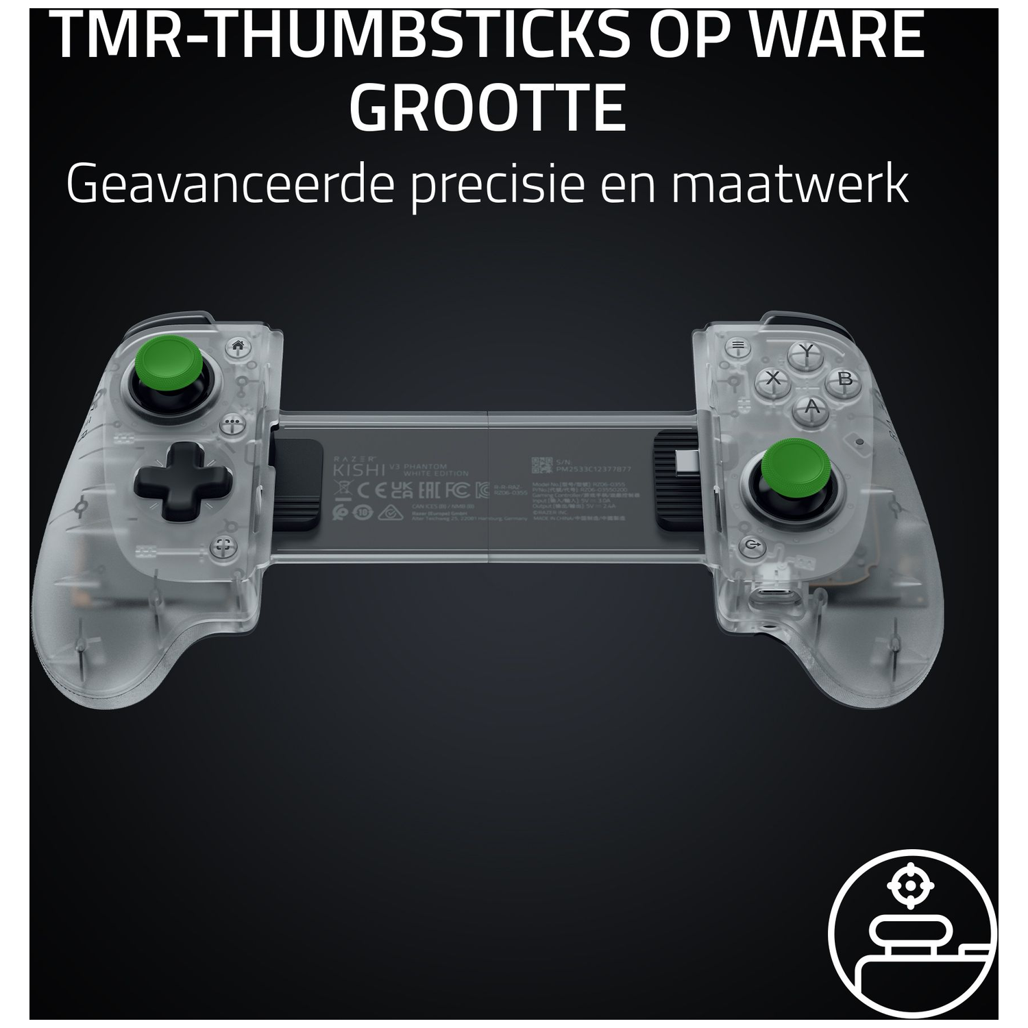 Clear controller with green thumbsticks and D-pad on a black background.