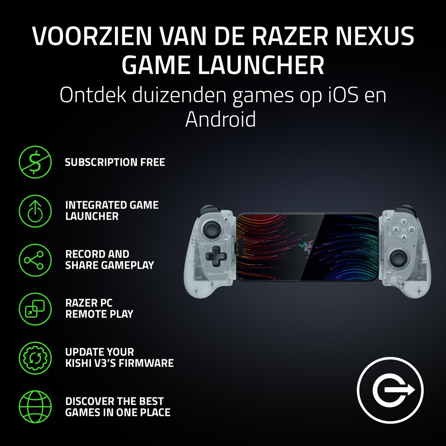 Razer Nexus Game Launcher with smartphone controller, features listed.