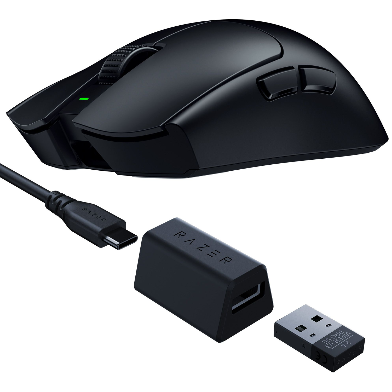 Black Razer gaming mouse with USB-C cable, dongle, and adapter.