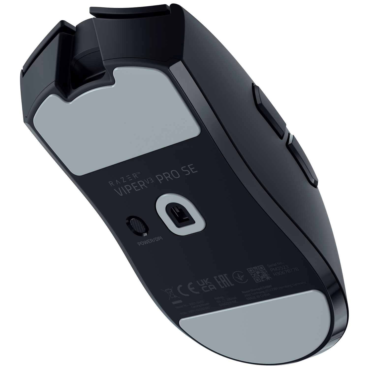 Underside of a black Razer Viper V3 Pro SE gaming mouse with silver glide pads.
