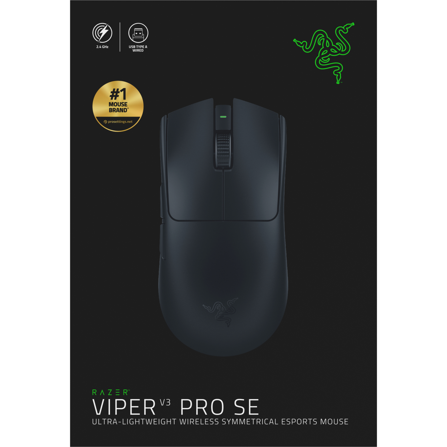 Black Razer Viper V3 Pro SE mouse with logo and text.