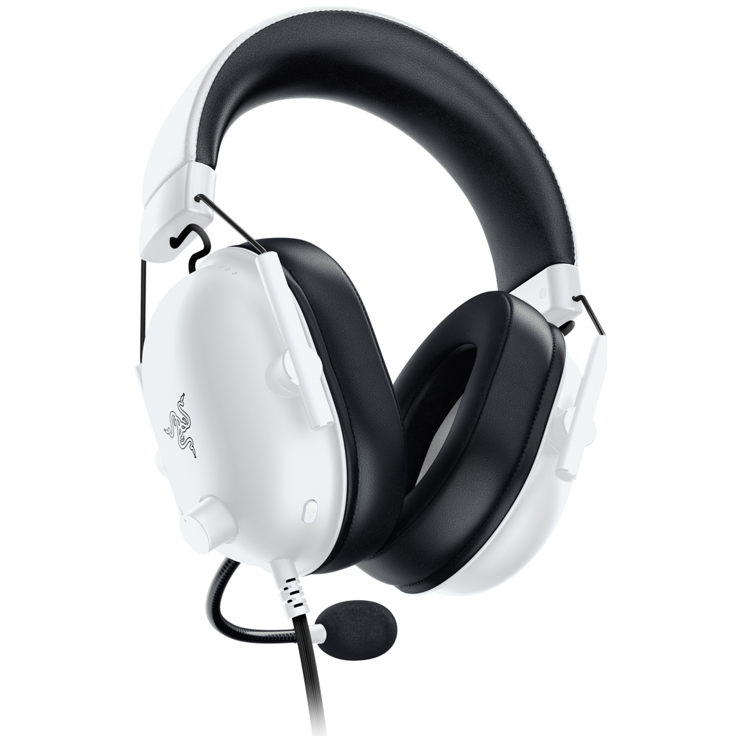 Wit en zwart gaming-headset met microfoon, geïsoleerd op witte achtergrond.