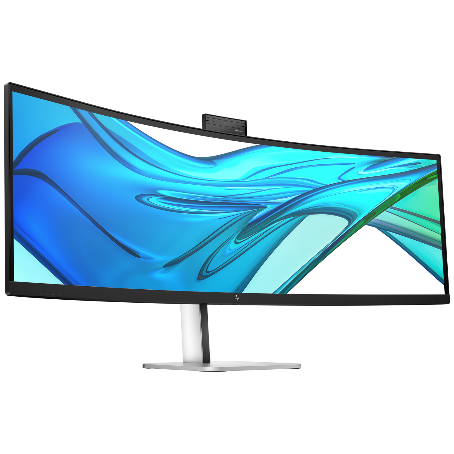 A curved HP monitor with a small computer and camera attached on top.