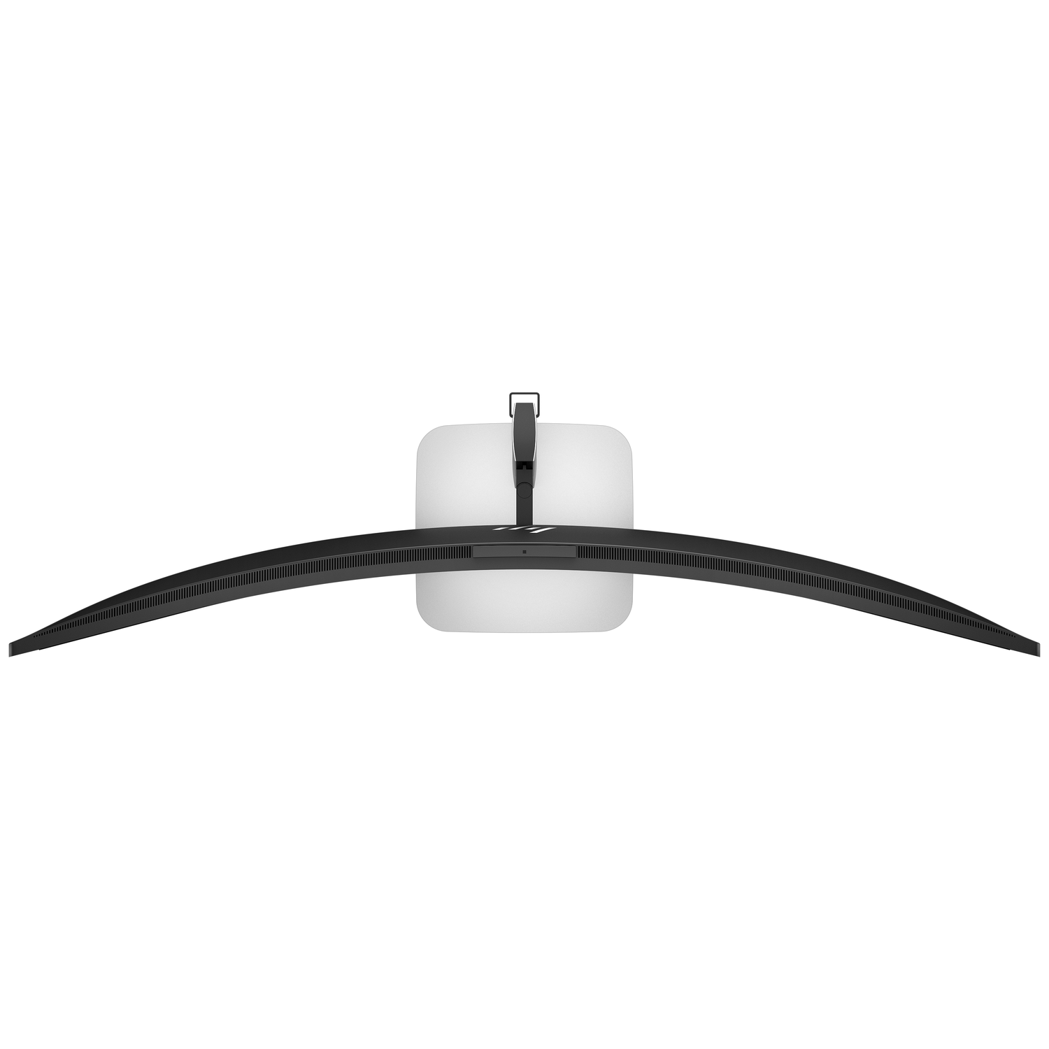 A curved black computer monitor seen from above, on a white stand.