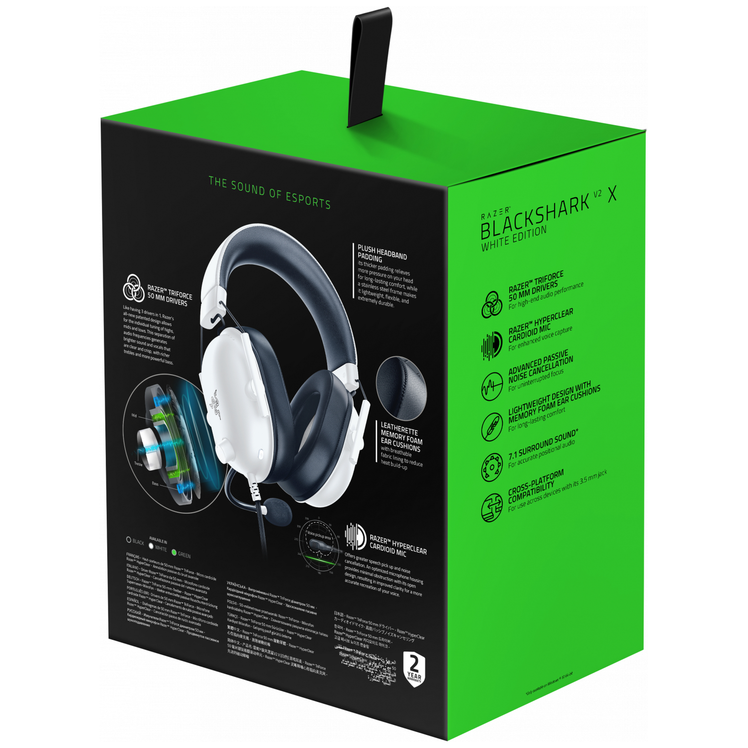Razer Blackshark V2 X gaming headset verpakking met koptelefoon en technische details.