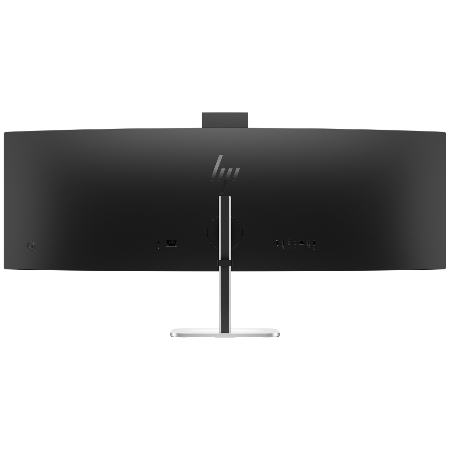 Back view of a sleek black HP monitor with silver stand and multiple ports.