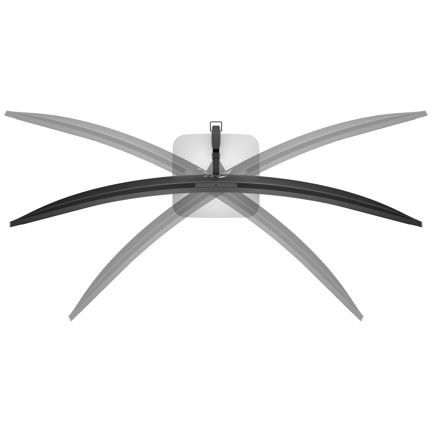 A curved monitor with a rotating stand shown in various positions.
