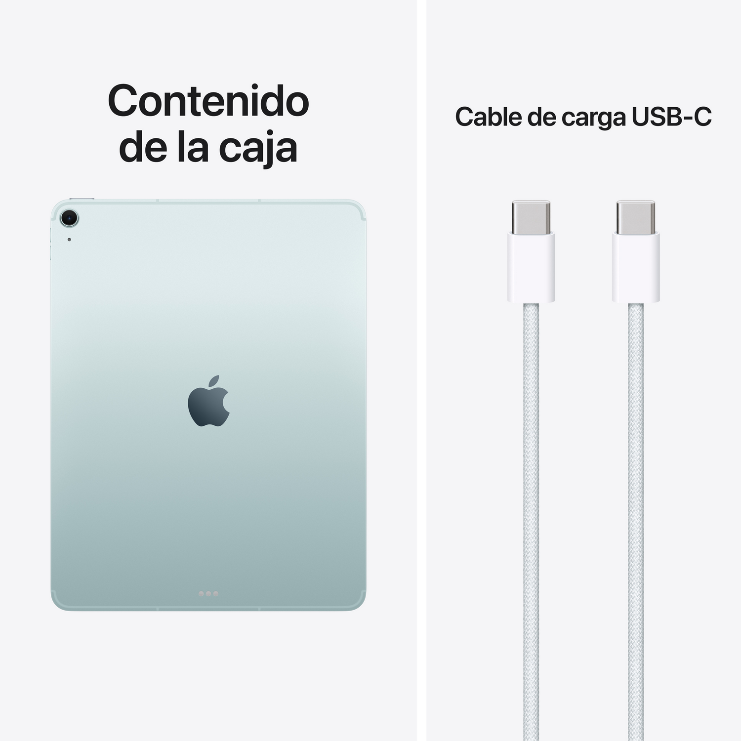 Un iPad Air verde claro y dos cables de carga USB-C blancos.