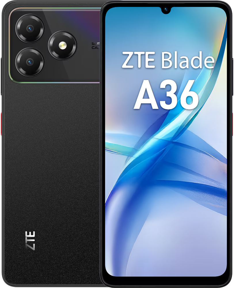 Fekete ZTE Blade A36 okostelefon három hátsó kamerával és kék háttérrel.