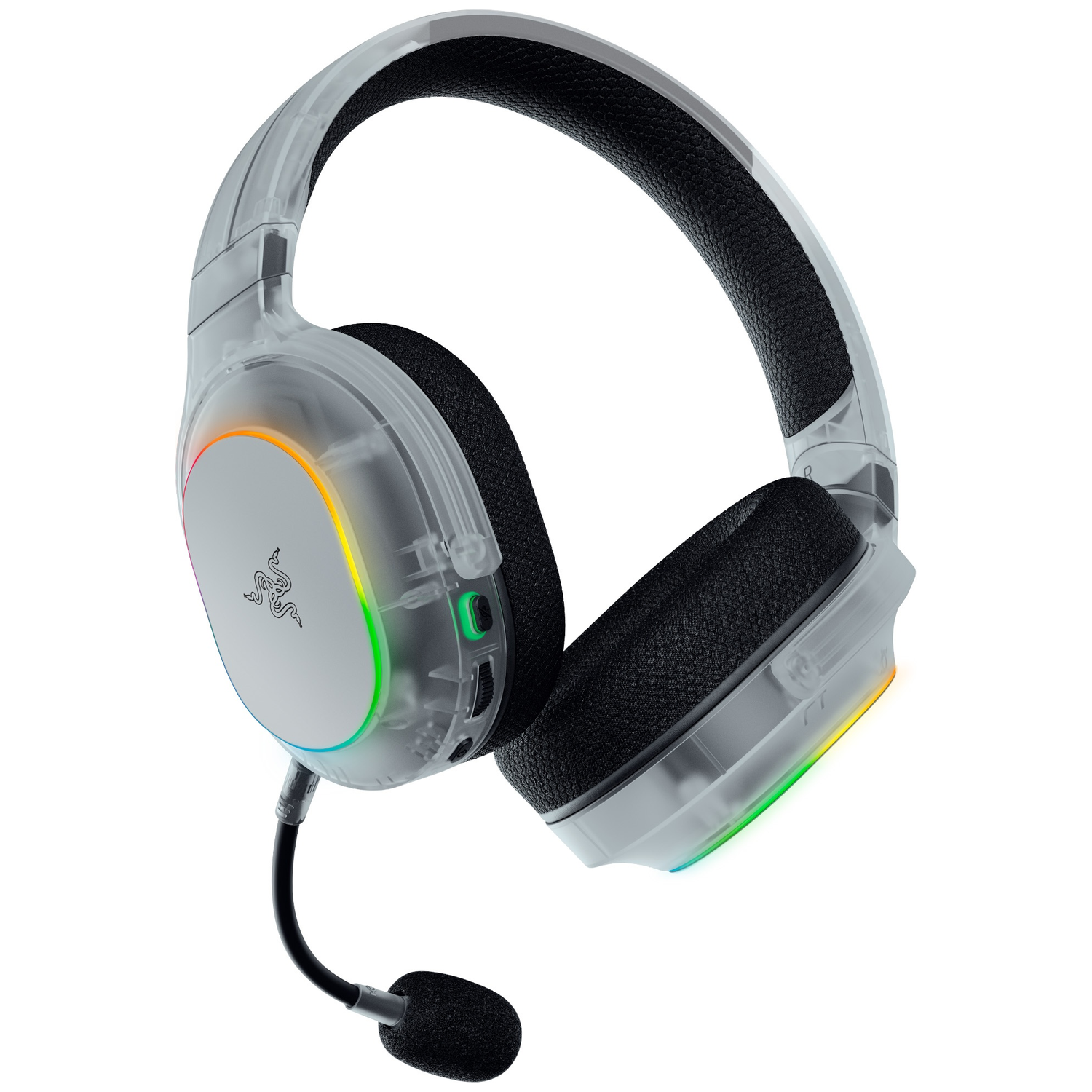 Transparante koptelefoon met zwarte hoofdband en microfoon, met RGB-verlichting.
