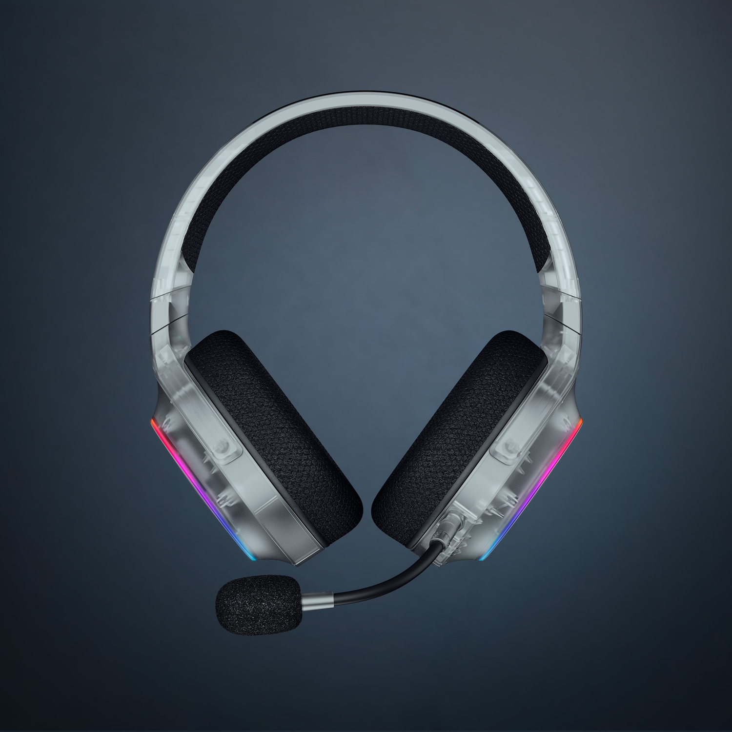 Transparante gaming headset met microfoon en gekleurde LED's.