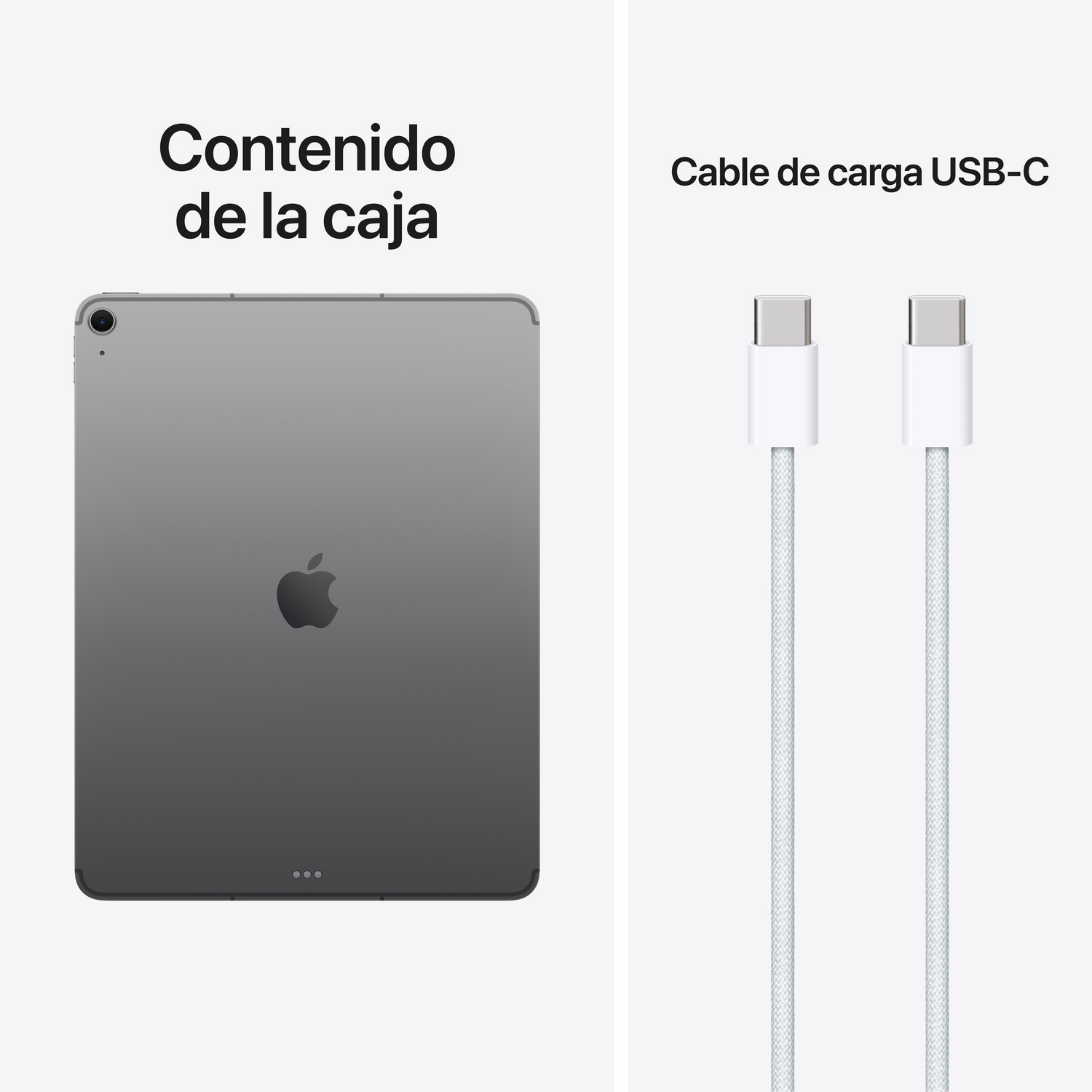 Una tableta gris y dos cables de carga USB-C blancos sobre fondo blanco.