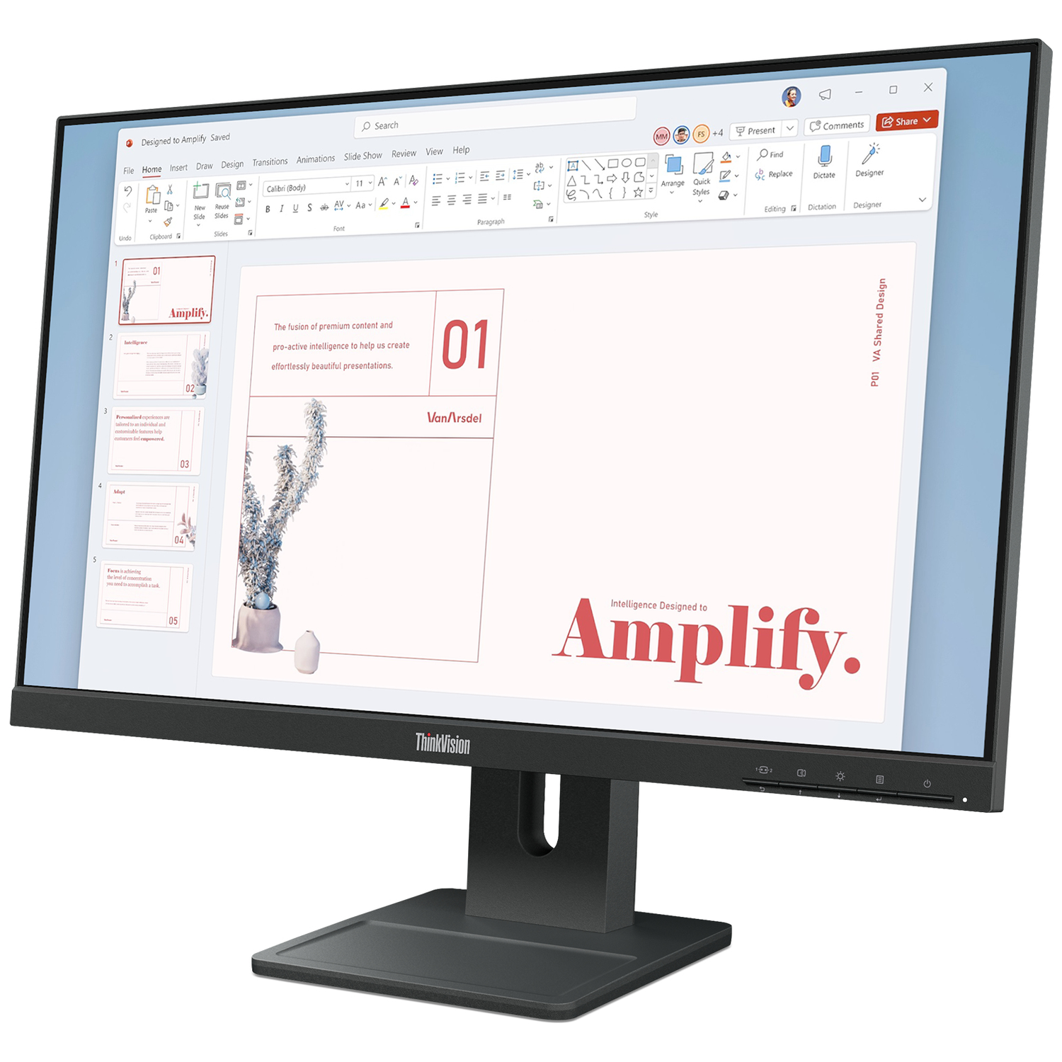 A monitor displays a presentation titled "Amplify" with a cactus illustration.