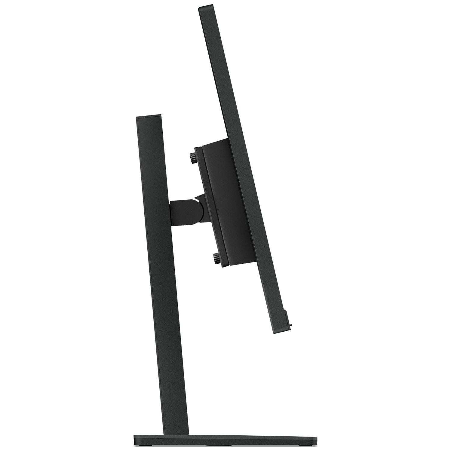 A black monitor, seen from the side, with an adjustable arm on a base.