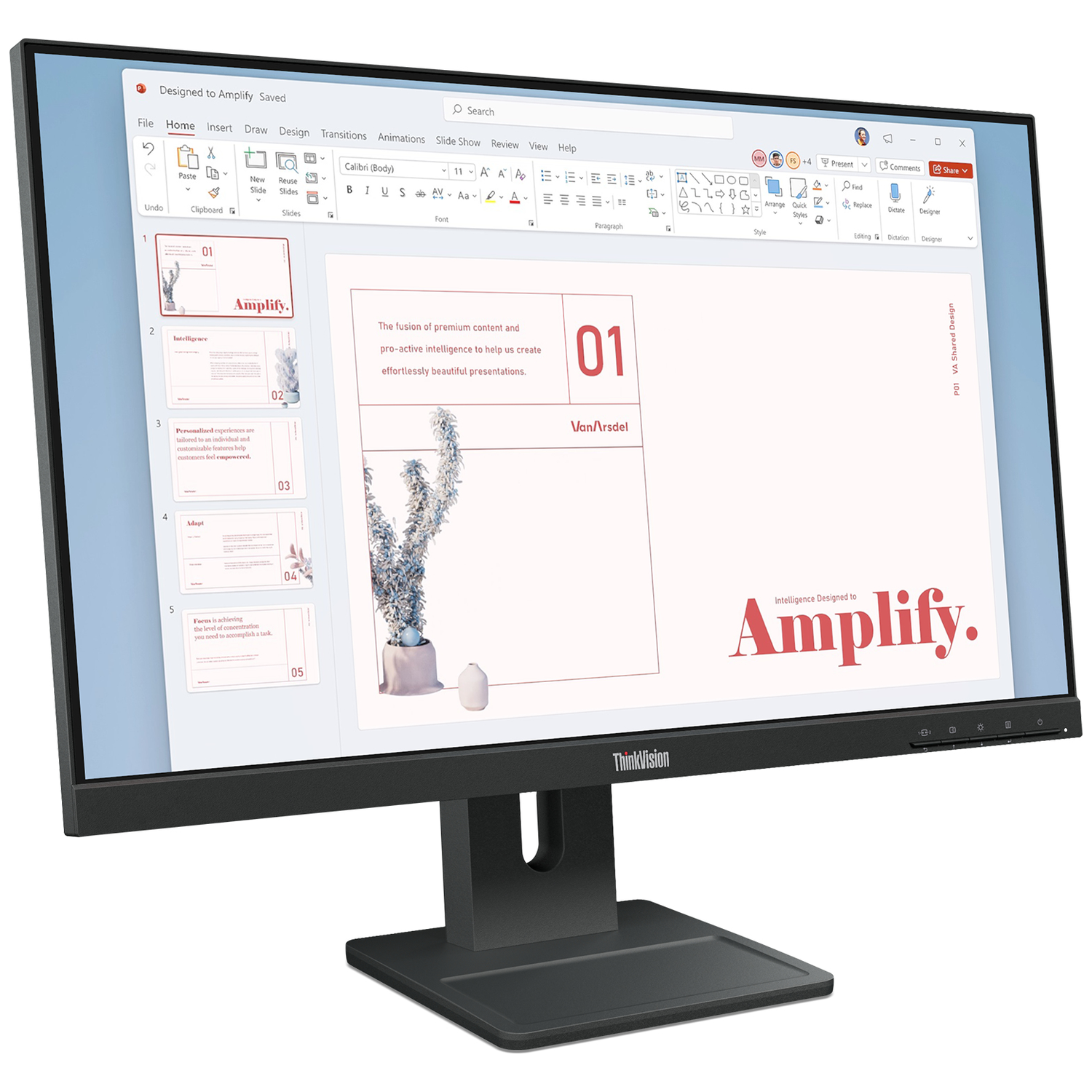 A computer monitor displays a presentation with text and images. Menus are visible.