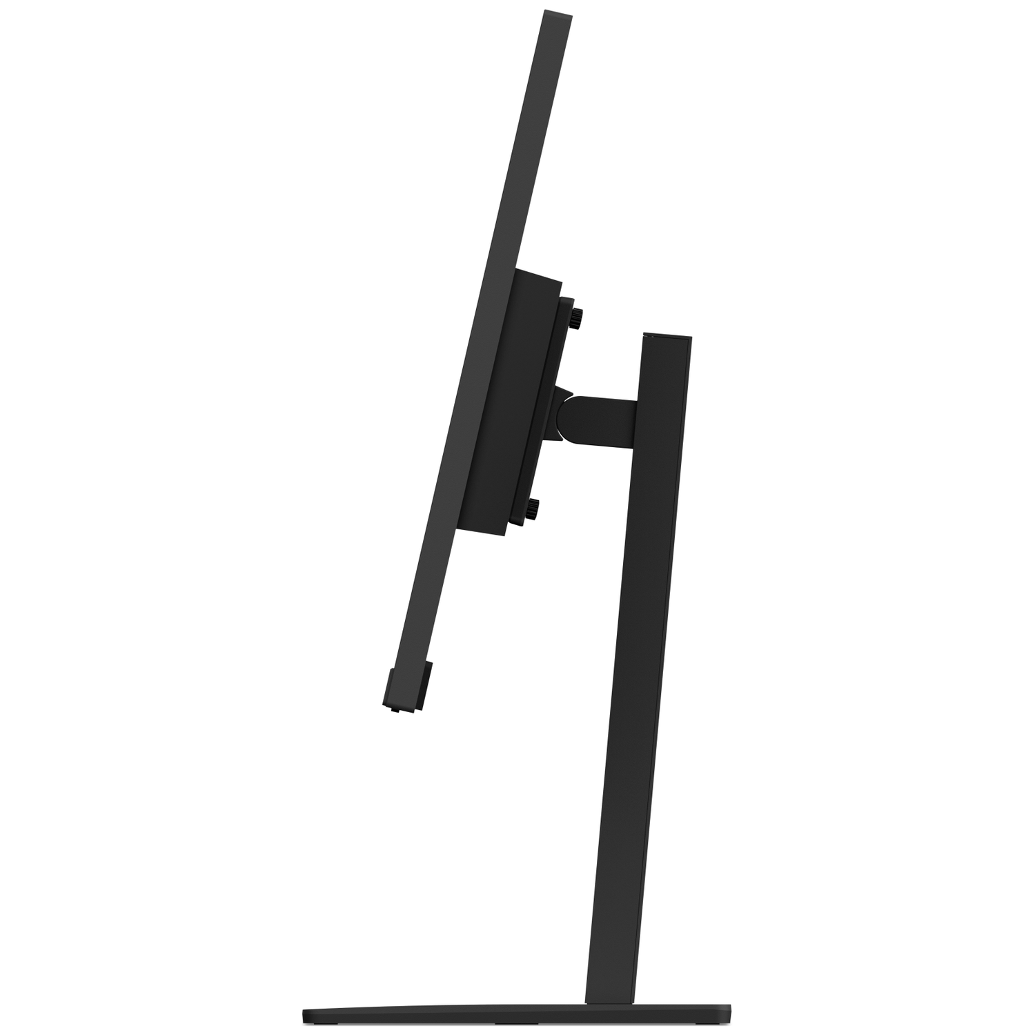 Black computer monitor on a stand, viewed from the side.