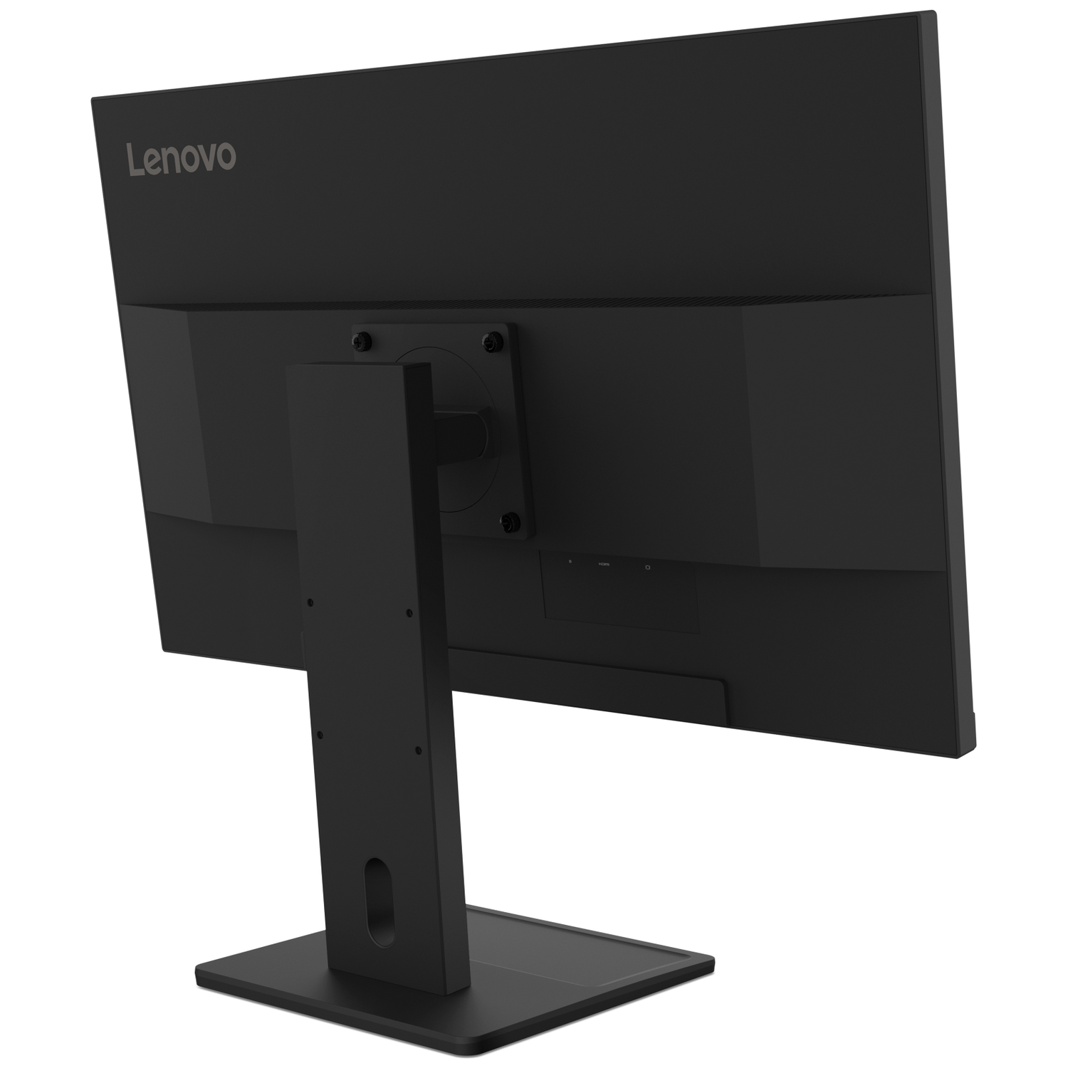 Back view of a black Lenovo monitor with silver logo and stand.
