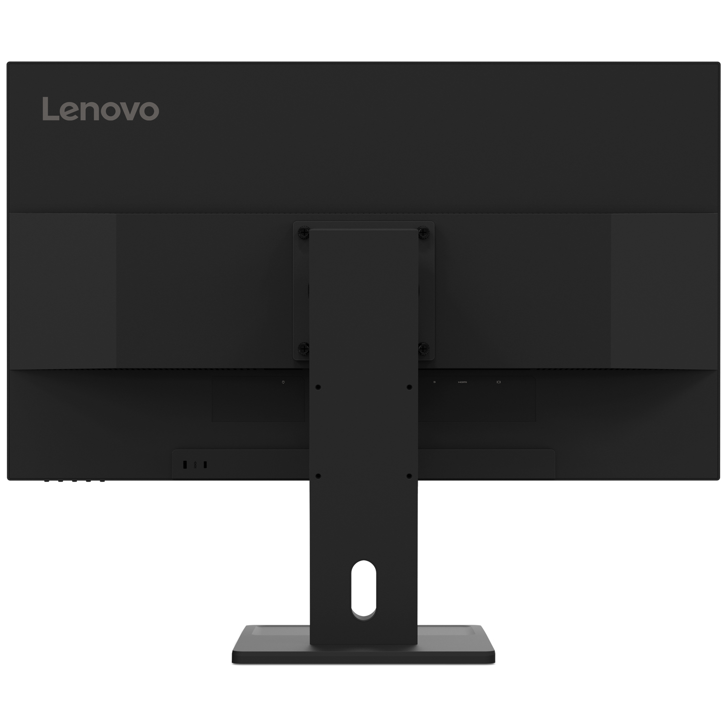 Back view of a black Lenovo monitor with stand and ports.