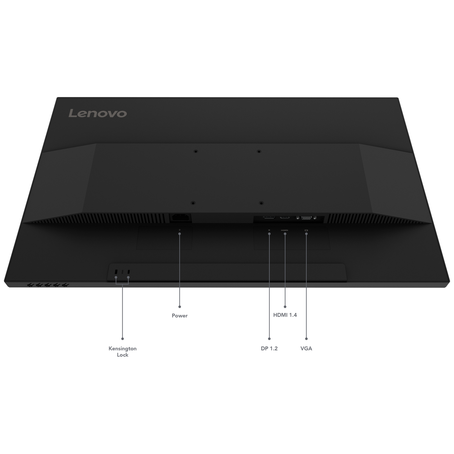 Back of black Lenovo monitor showing ports: Kensington Lock, Power, HDMI 1.4, DP 1.2, VGA.