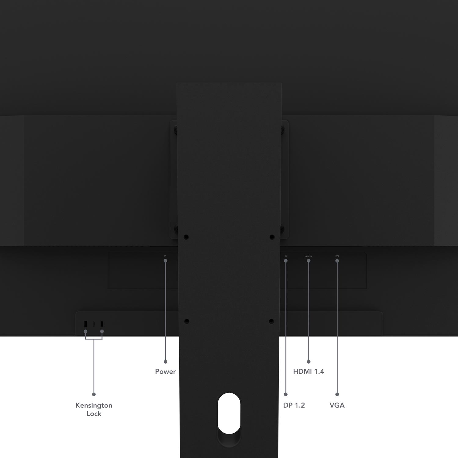 Monitor back panel showing ports: Kensington Lock, Power, DP 1.2, HDMI 1.4, VGA.