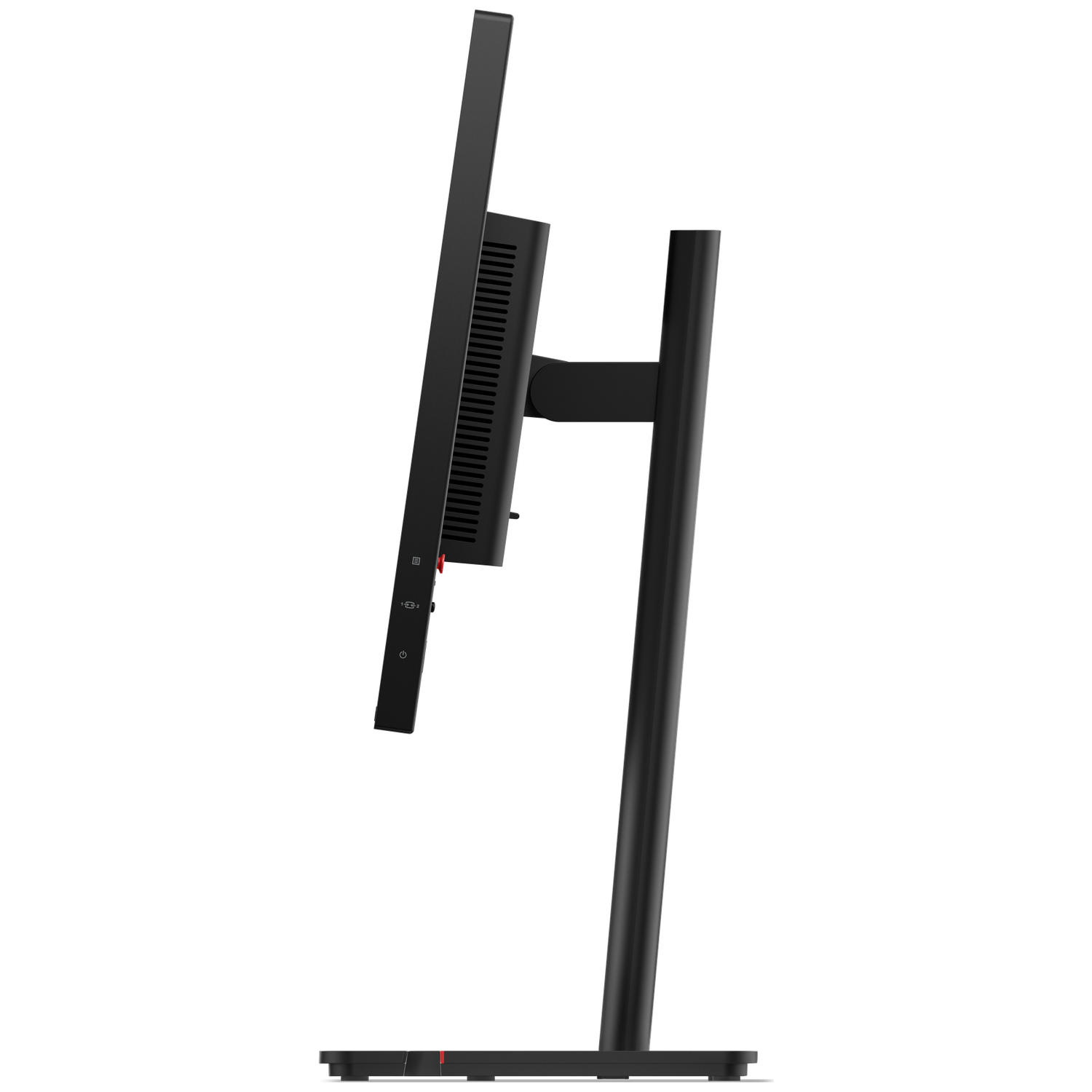 Een zwarte monitor op een standaard met bedieningselementen aan de zijkant.