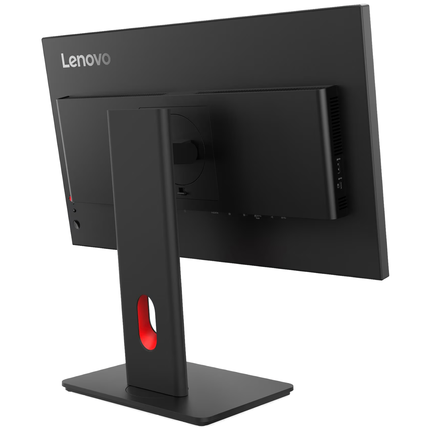 Zwarte Lenovo monitor van achteren, met poorten en rode accent.