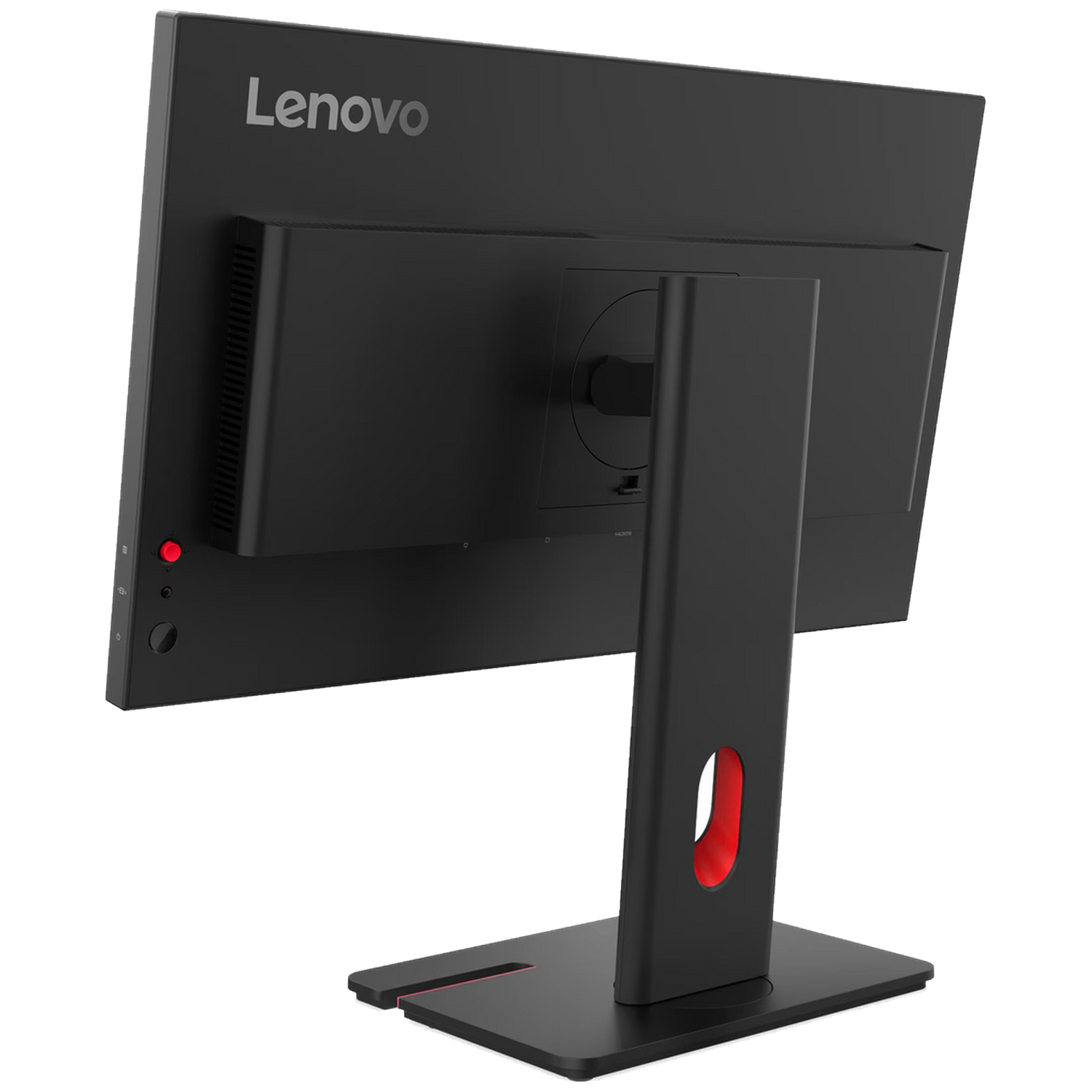 Achterkant van een zwarte Lenovo monitor met rode accent op de standaard.