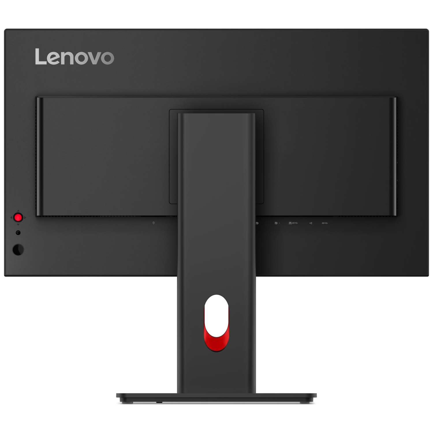 Achterkant van een zwarte Lenovo monitor met zilveren standaard en rode accenten.