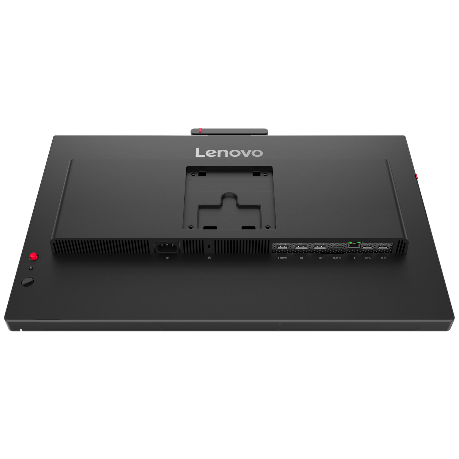 Rear view of a black Lenovo all-in-one computer showing ports.