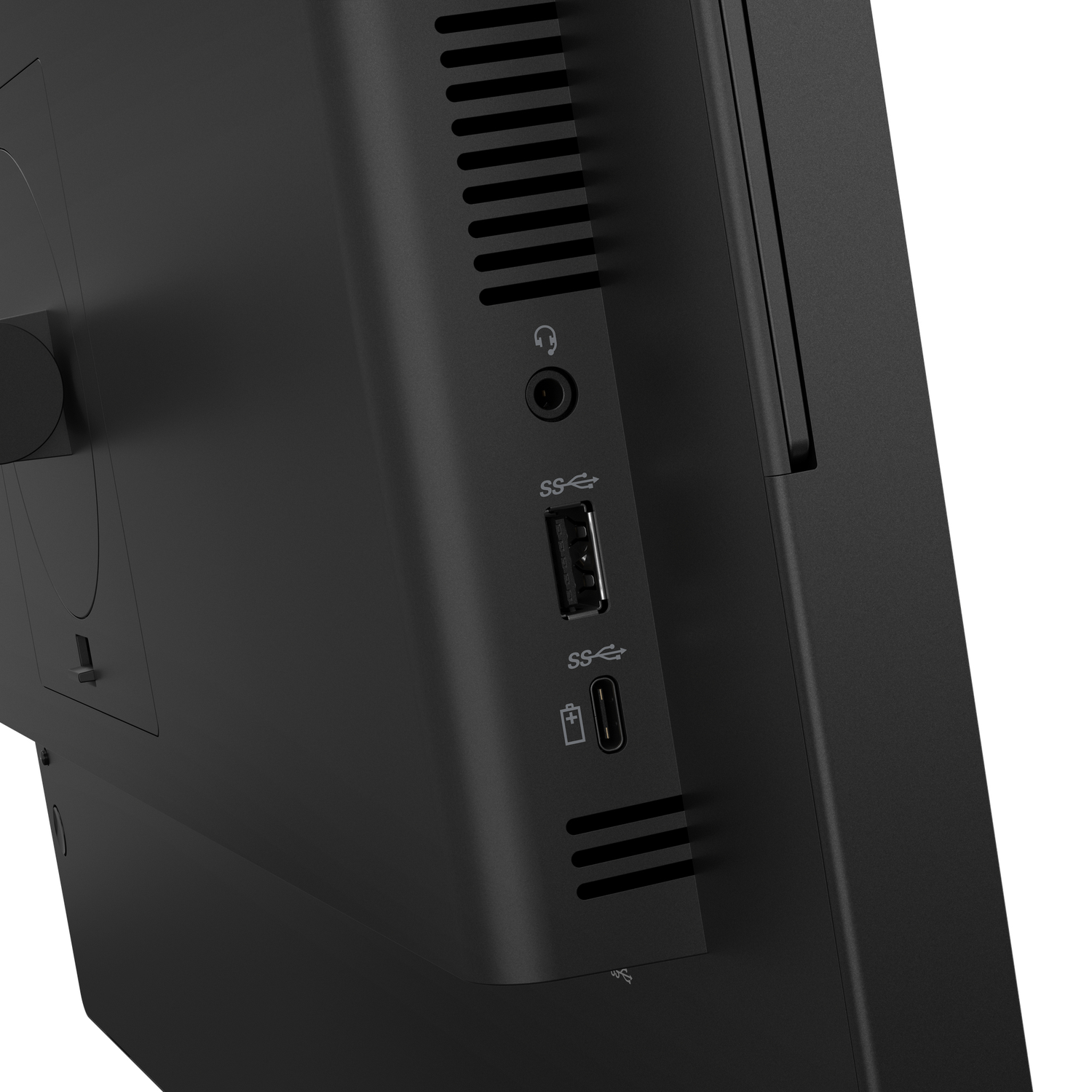 Black computer ports: headphone jack, USB-A, and USB-C.