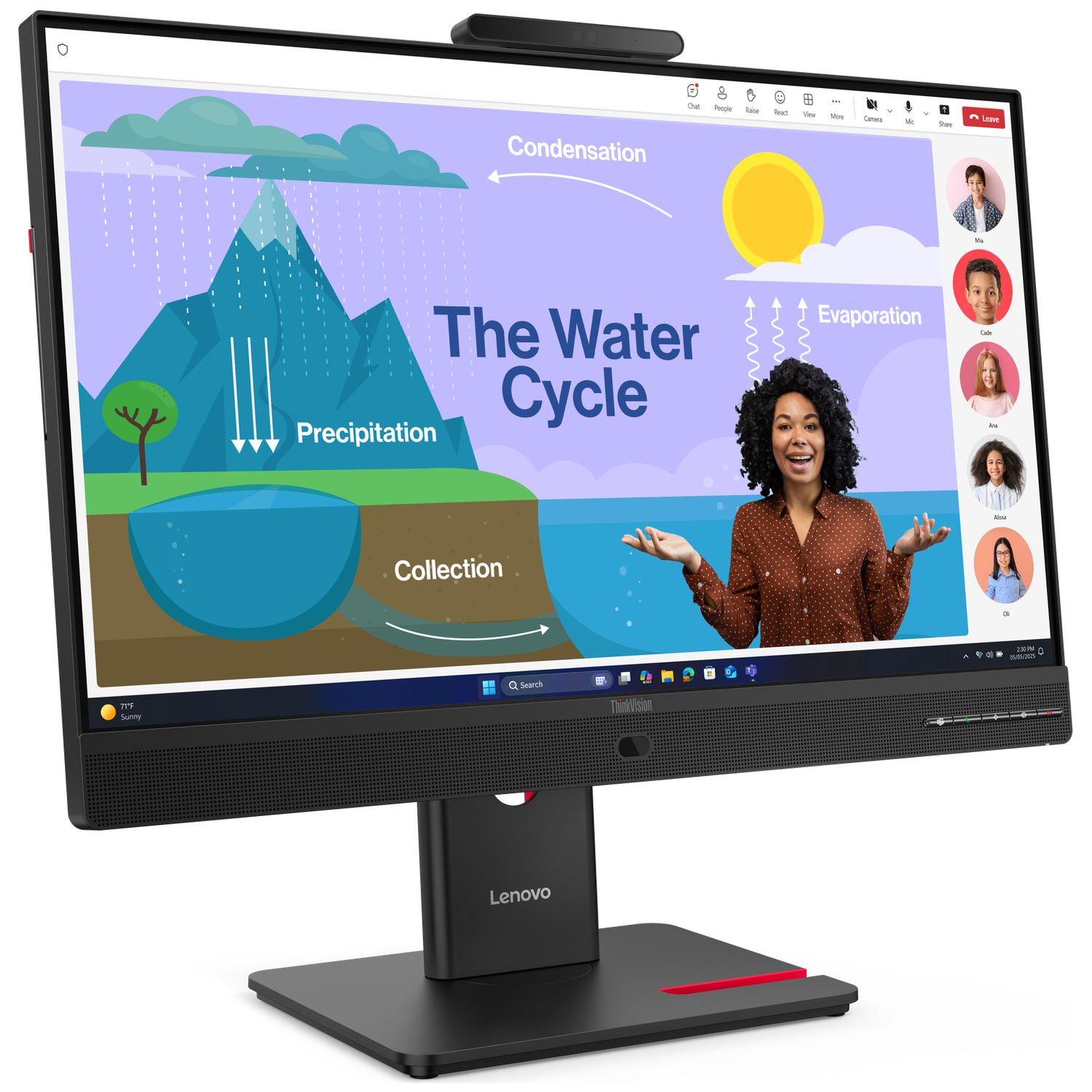 A computer screen displays a water cycle graphic with a woman.