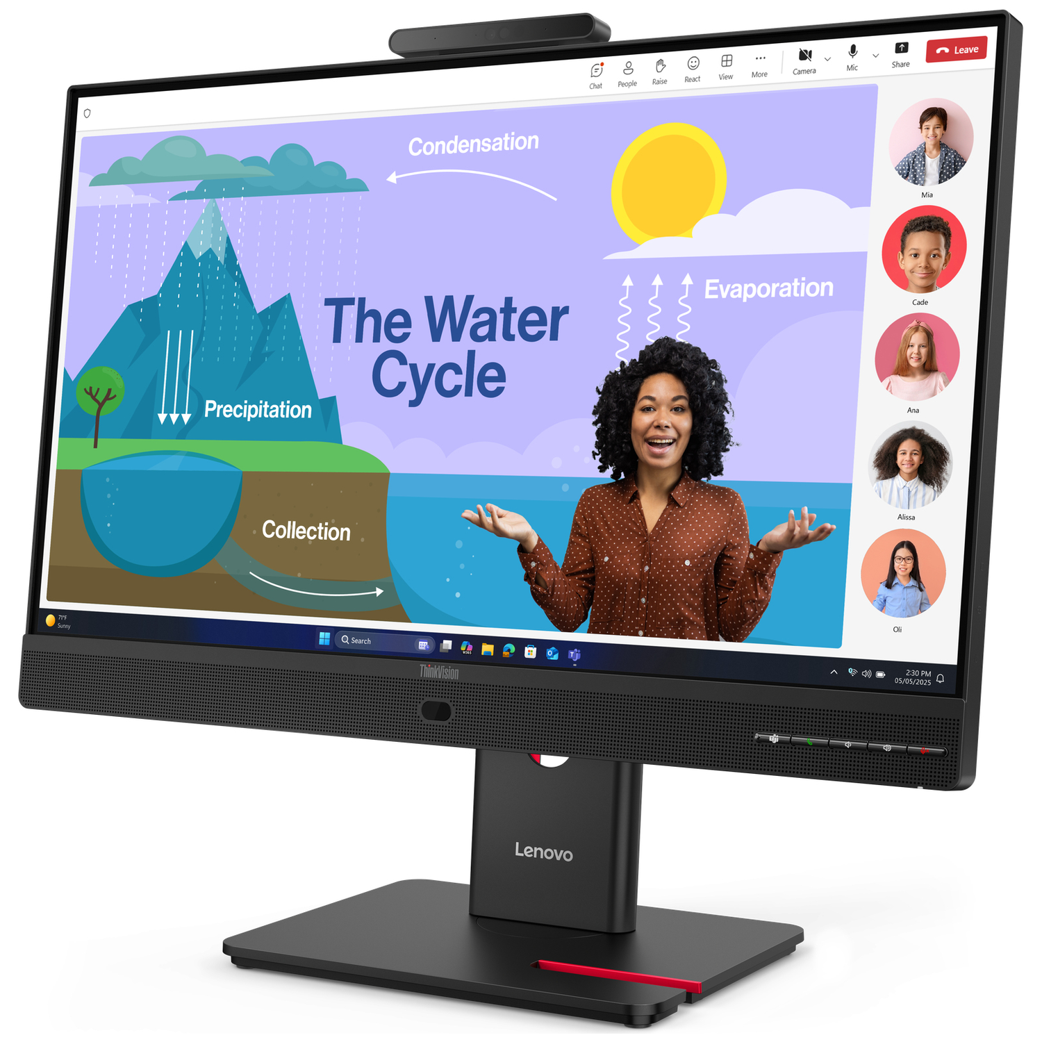 A woman explains the water cycle on a screen; children are in a video call.