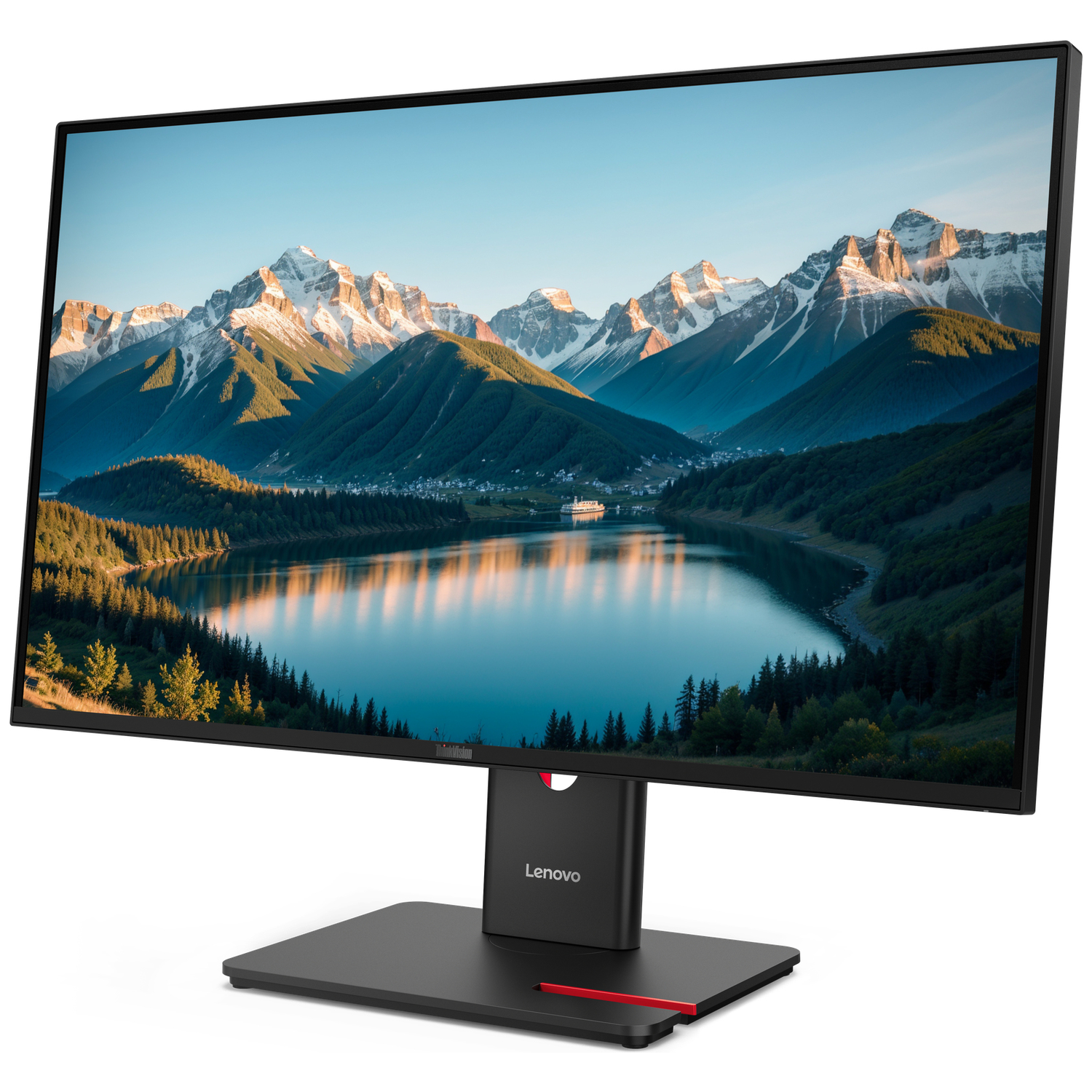 Lenovo monitor displaying a scenic mountain lake landscape with snow-capped peaks.