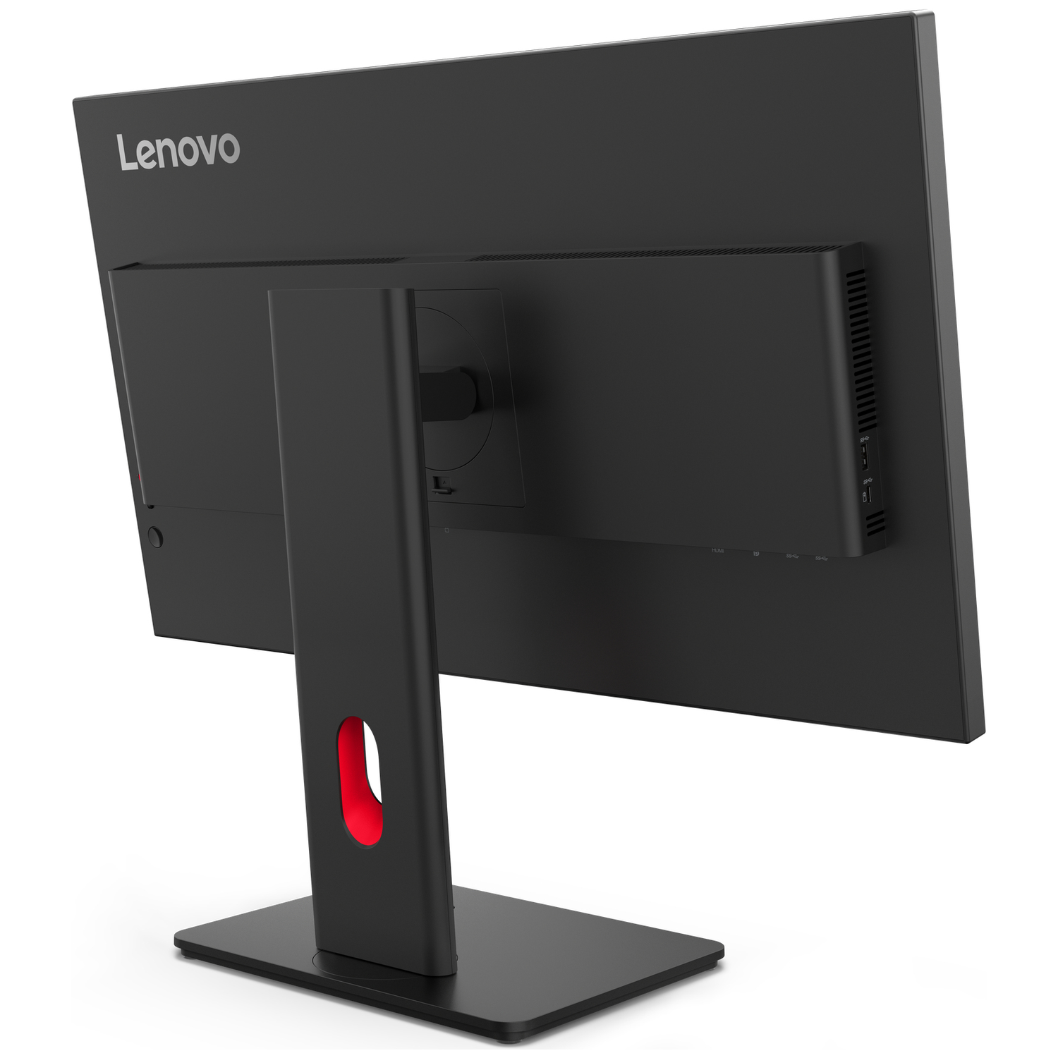 Rear view of a black Lenovo monitor with a red cutout on its stand.