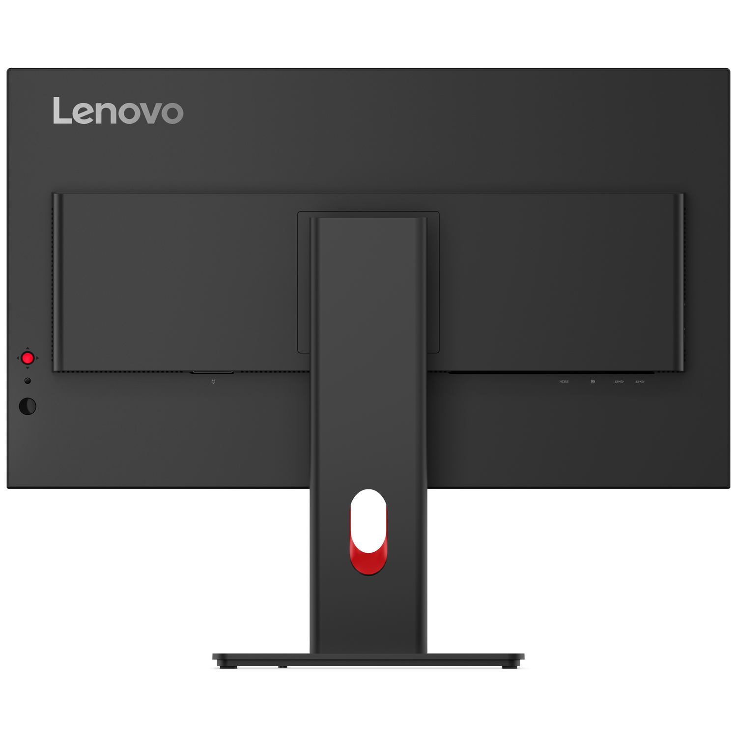 Back view of a black Lenovo monitor with silver logo and red accents.