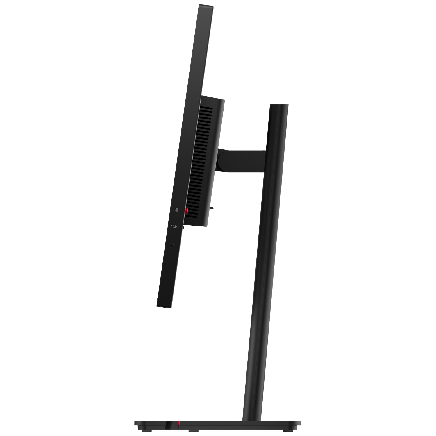 Zwarte monitor op een H-vormige standaard met zijdelingse knoppen.