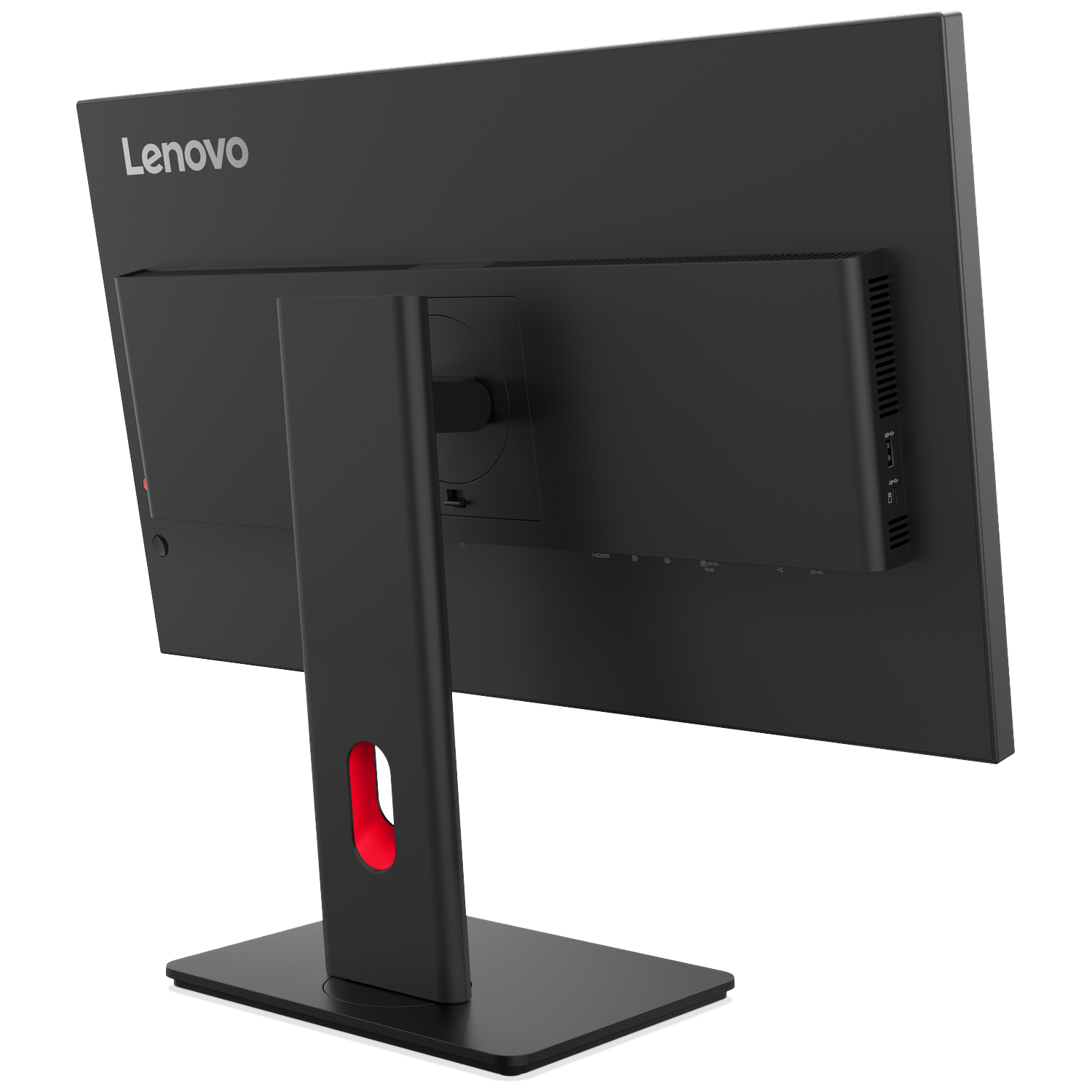 Zijaanzicht van een zwarte Lenovo monitor met rode accentopening in de standaard.