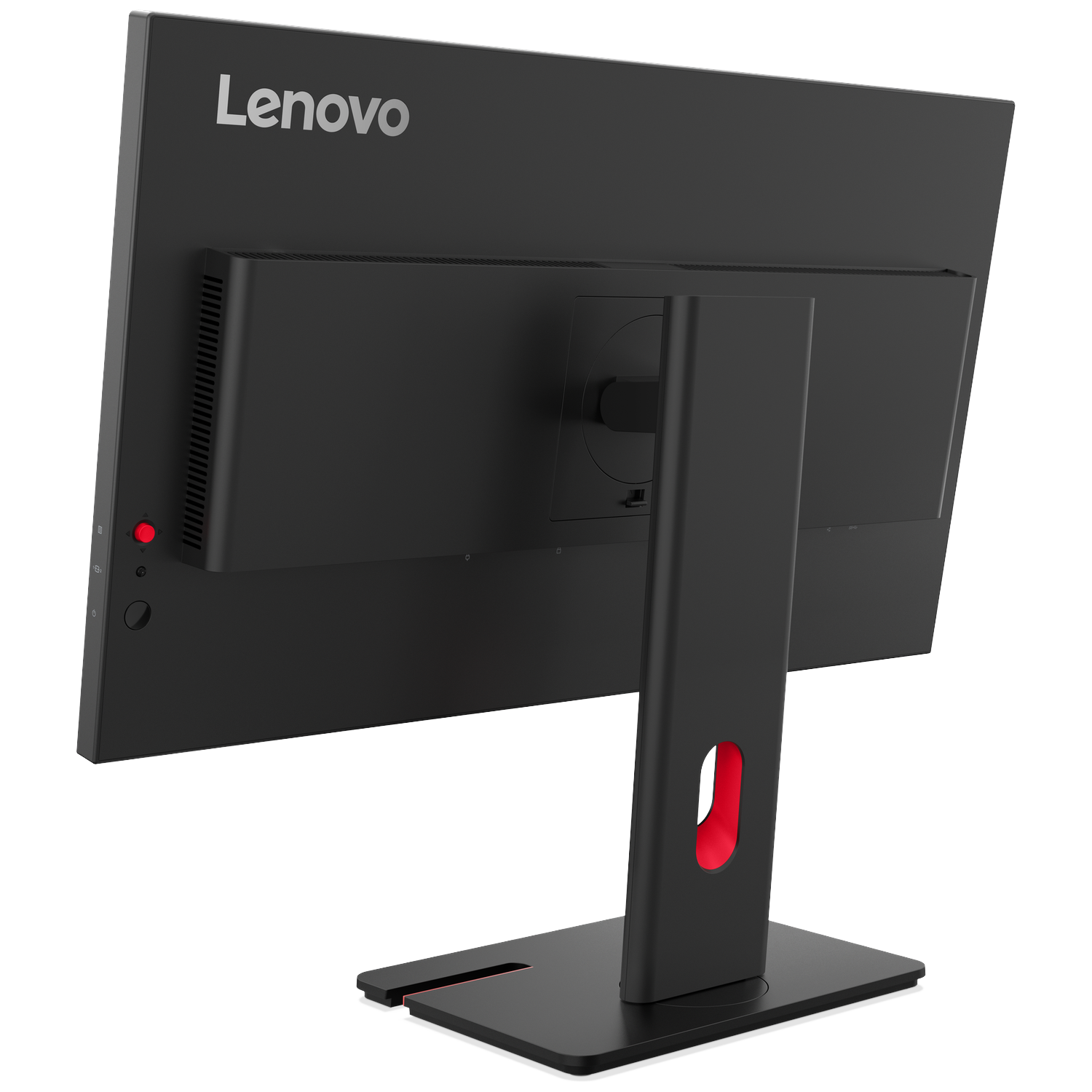 Achterkant van een zwarte Lenovo monitor met rode accentopening op de standaard.