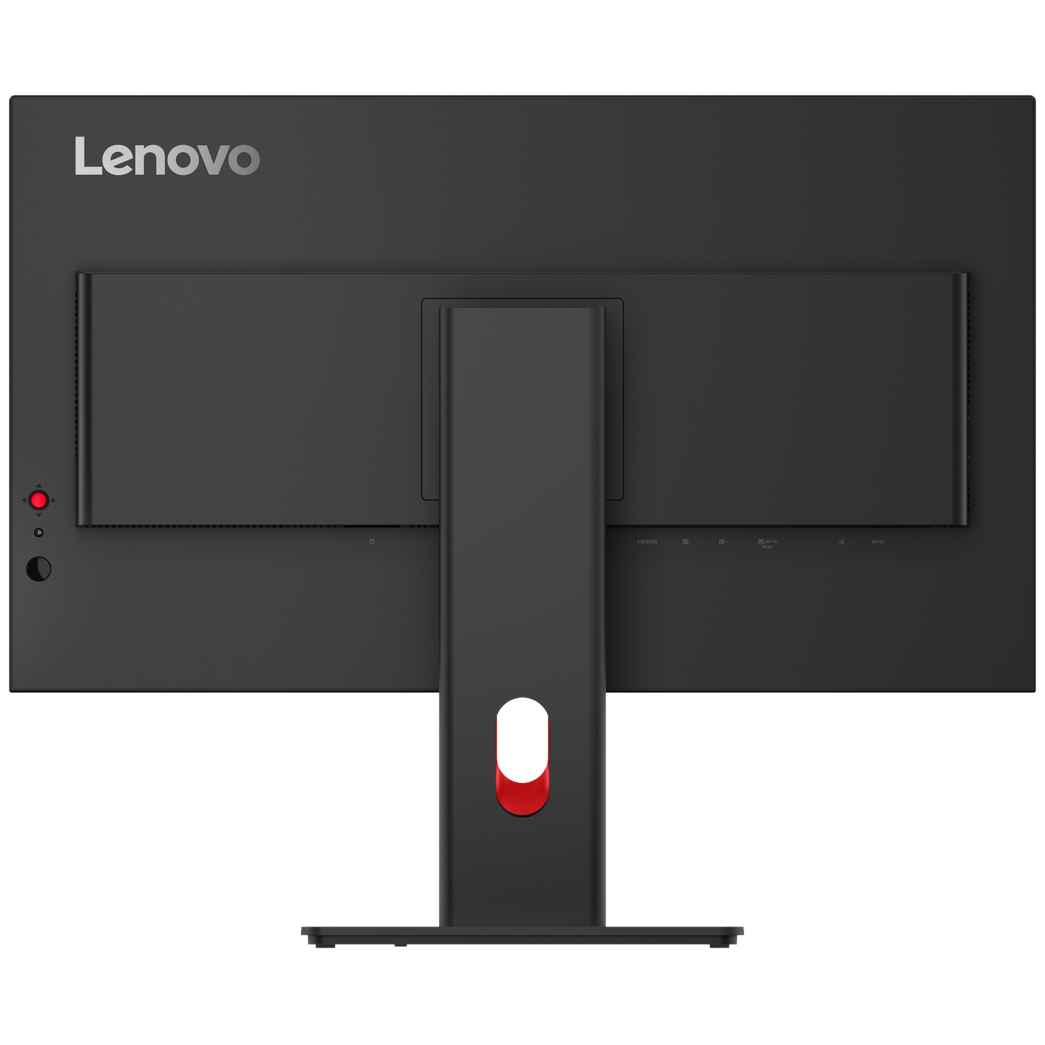 Achterkant van een zwarte Lenovo monitor met zilveren logo en rode accent.