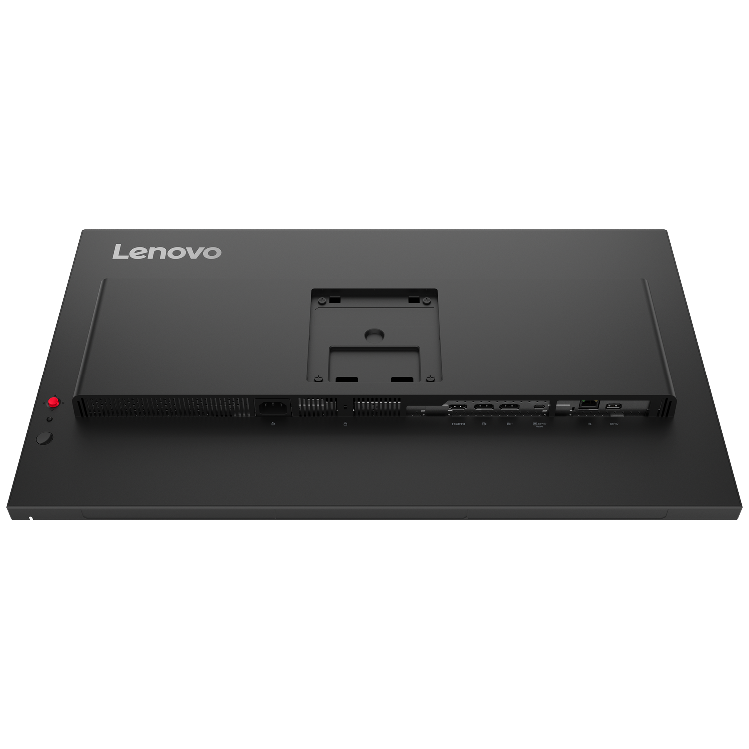 Achterkant van een zwarte Lenovo monitor met diverse poorten.