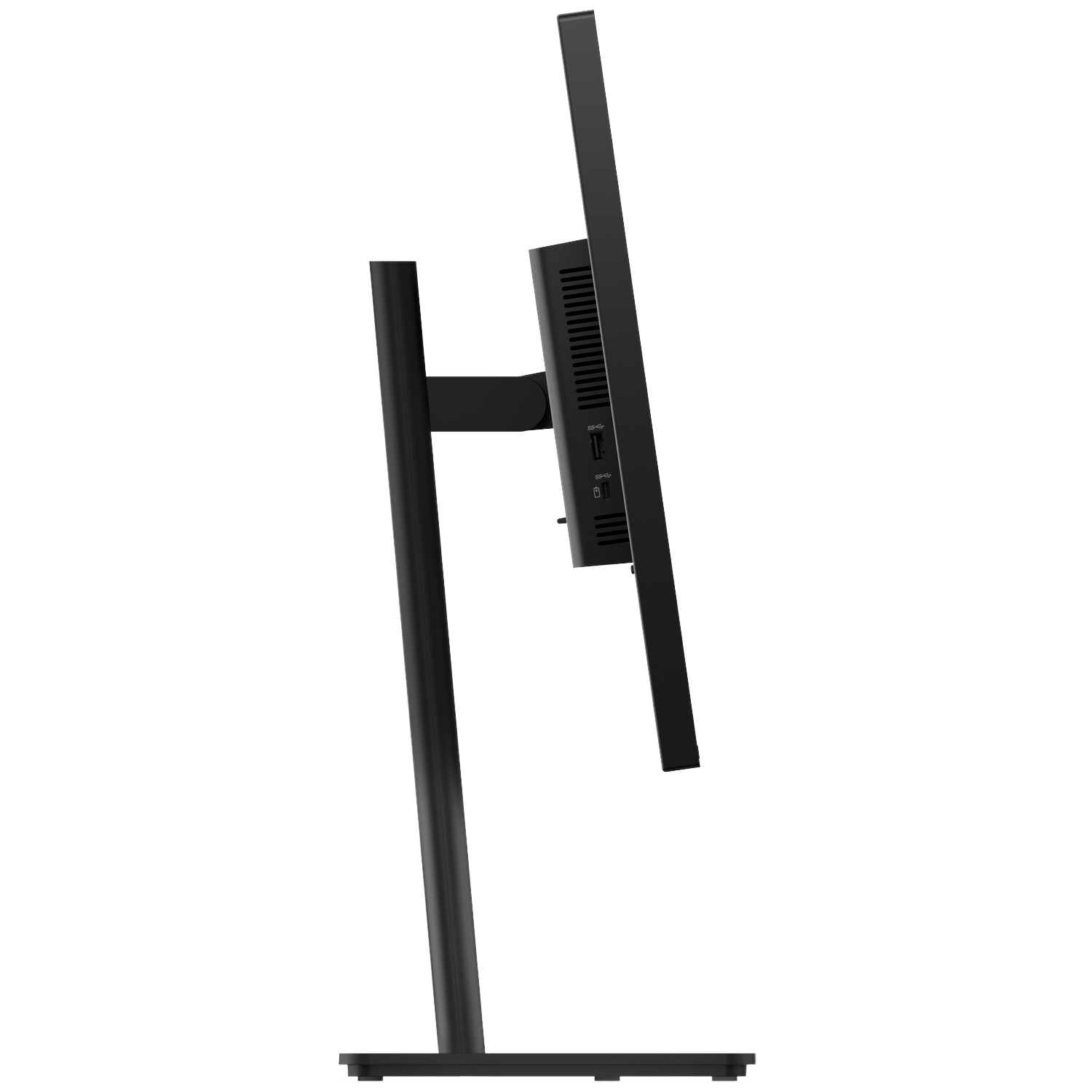 Een zwarte monitor op een standaard, van de zijkant gezien. Poorten zijn zichtbaar.