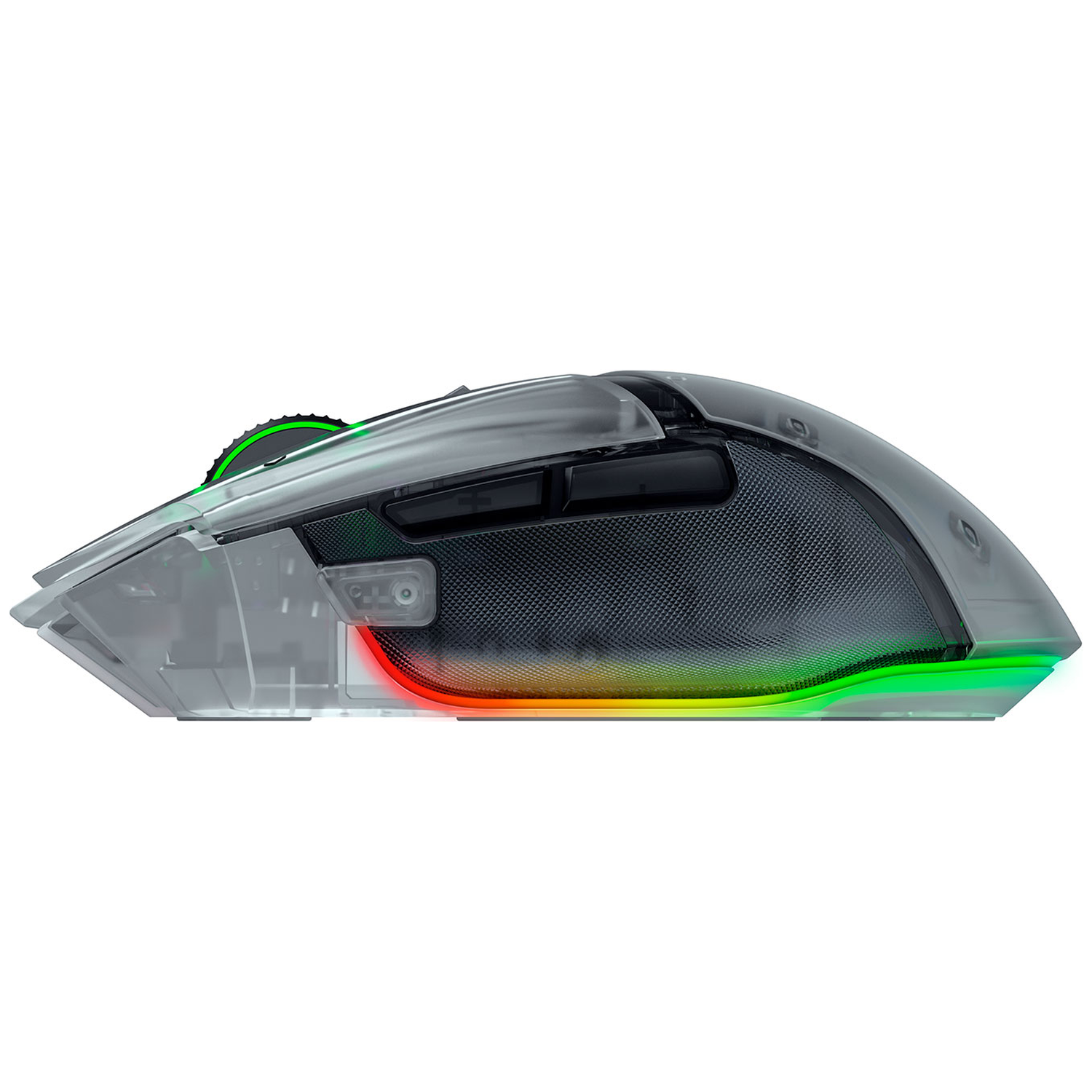 Grijze, doorschijnende gamingmuis met RGB-verlichting en getextureerd scrollwiel.