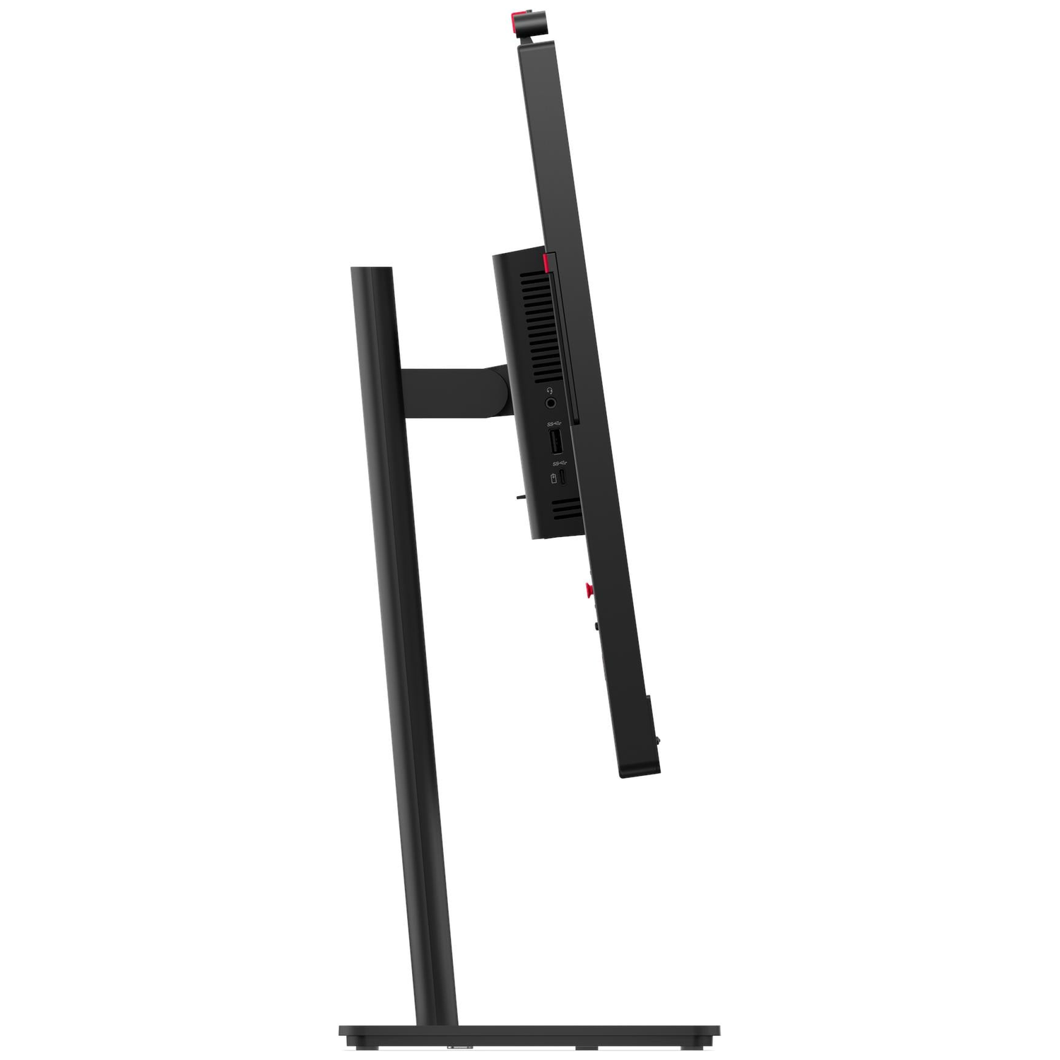 Black monitor with thin bezel, mounted on a silver stand.