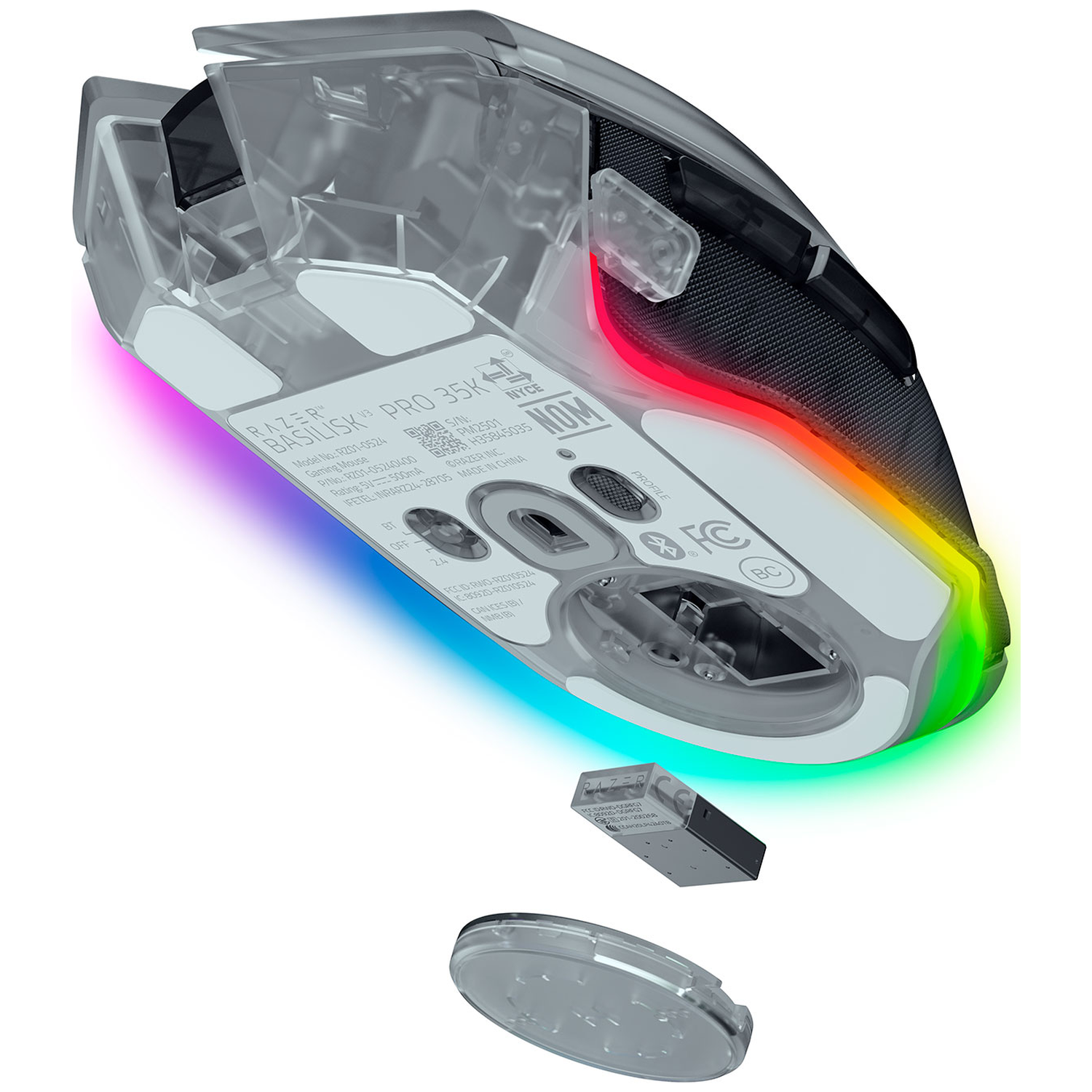 Transparante gamingmuis met RGB-verlichting en afneembare onderdelen.