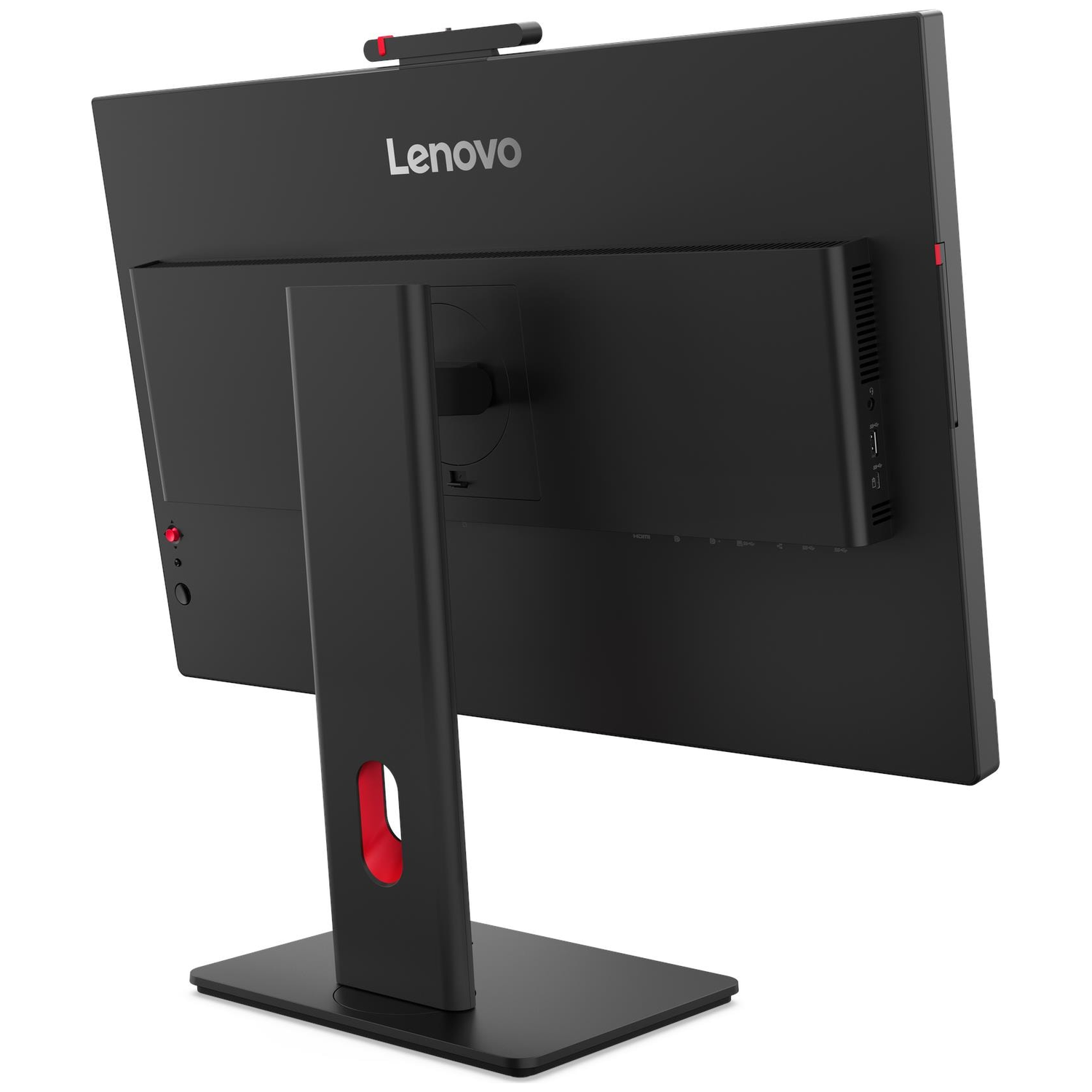 Rear view of a black Lenovo monitor with a red accent on its stand.