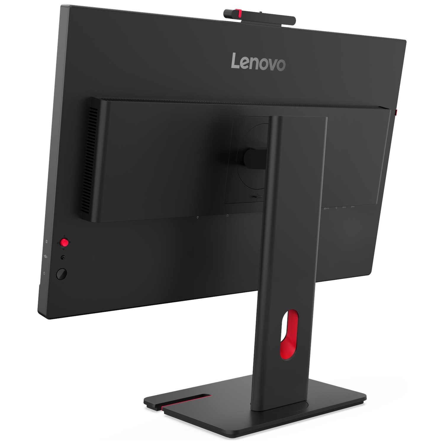 Back view of a black Lenovo monitor with silver logo and integrated webcam.