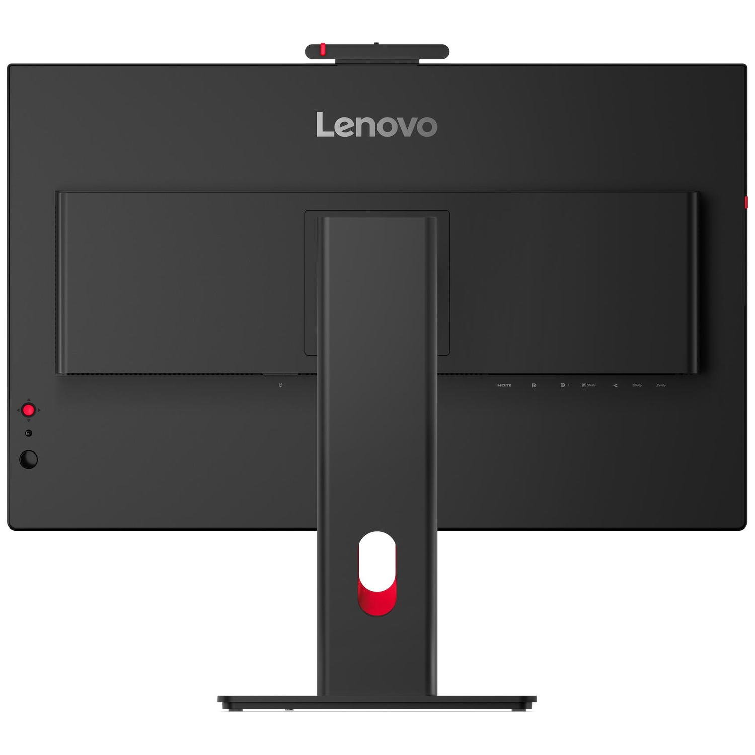 Back view of a black Lenovo monitor with stand and ports.