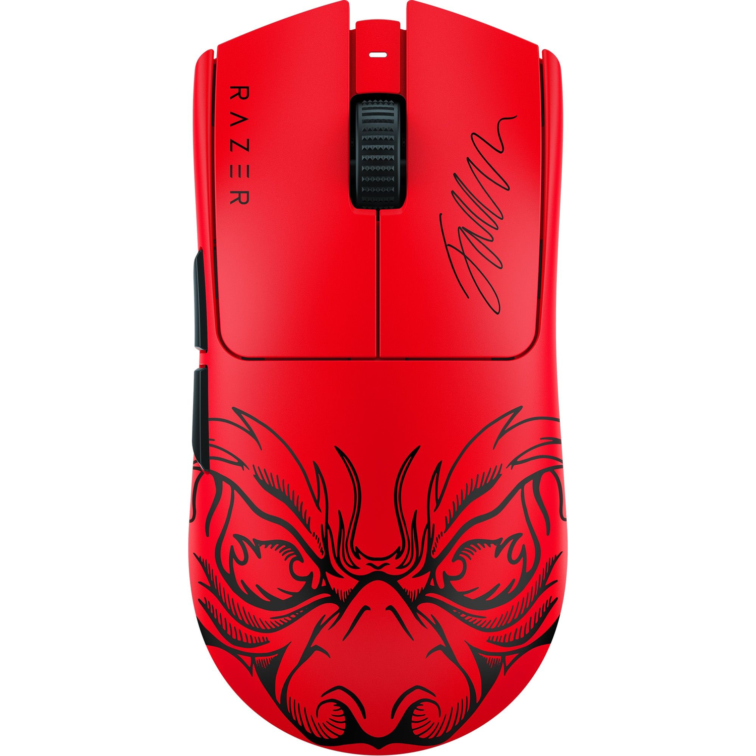 Rode Razer gamingmuis met zwart drakenontwerp en handtekening.
