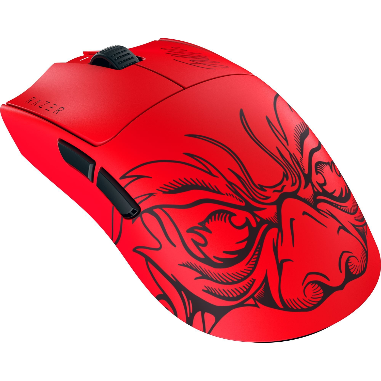 Rode gamingmuis met zwart drakenontwerp en Razer-logo.