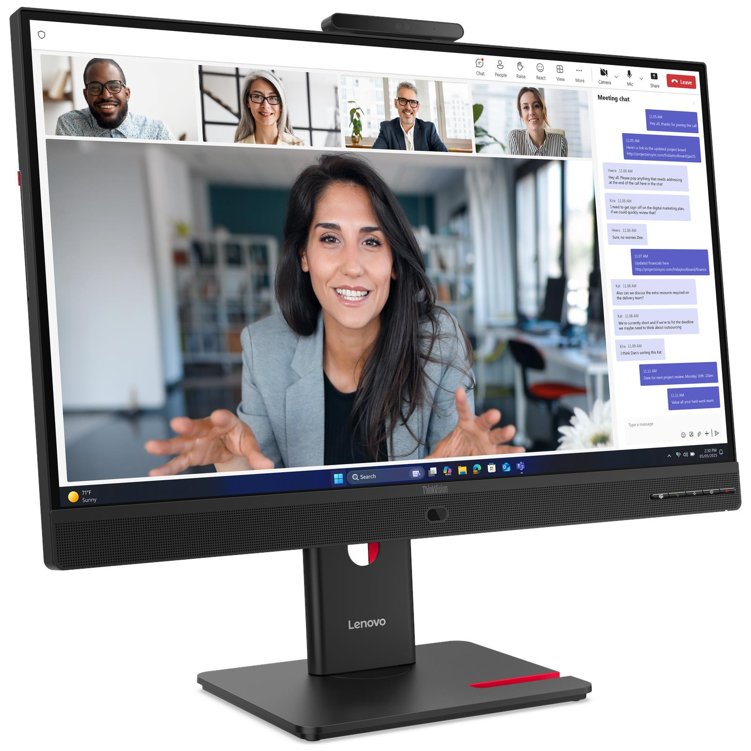 Lenovo All-in-One PC displays an online meeting with four people and chat window.